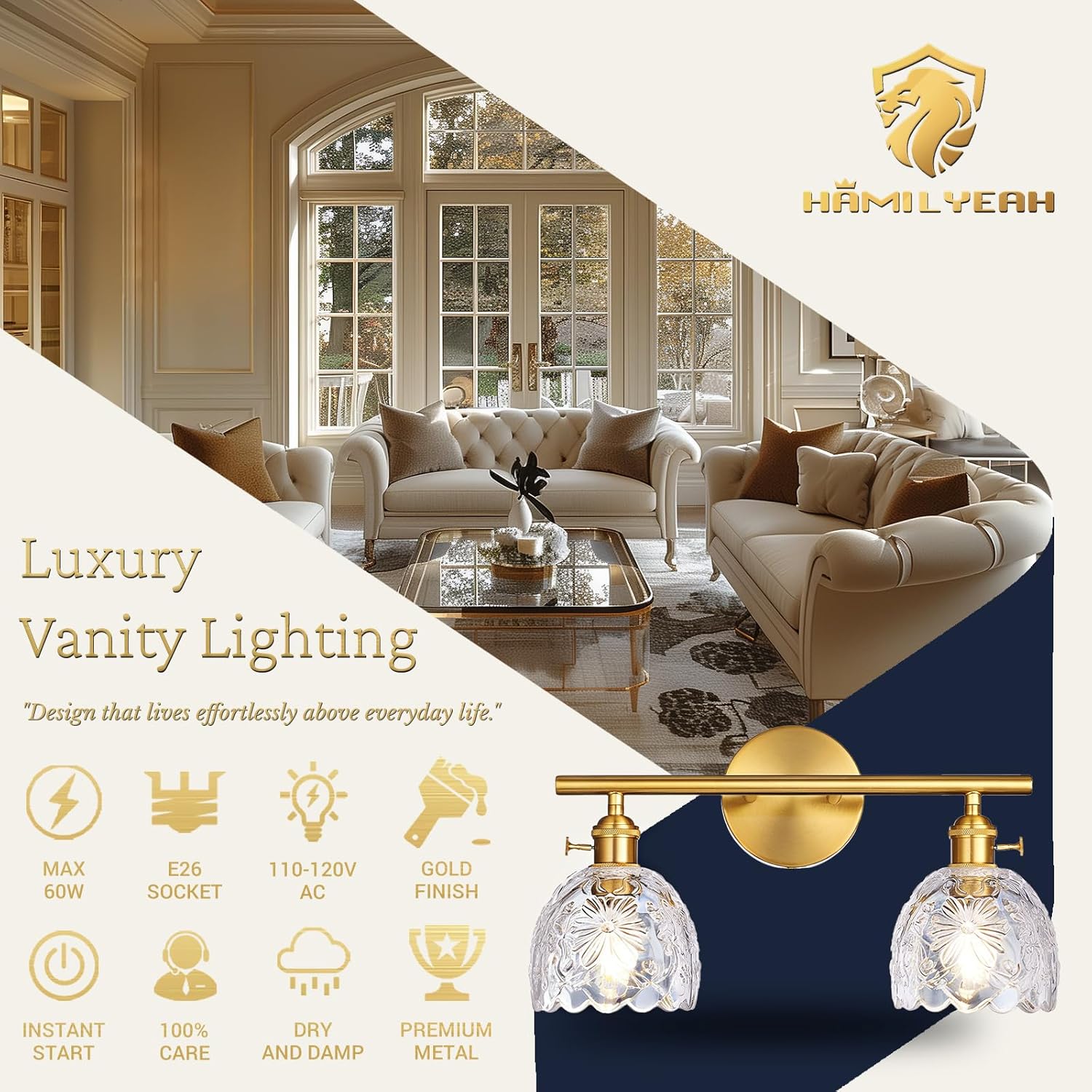 Hamilyeah 2-Light Bathroom Vanity Light Over Mirror, Brushed Gold Wall Sconce with Clear Floral Glass Shades, Modern Bathroom Light Fixture for Bedroom, Hallway, Kitchen