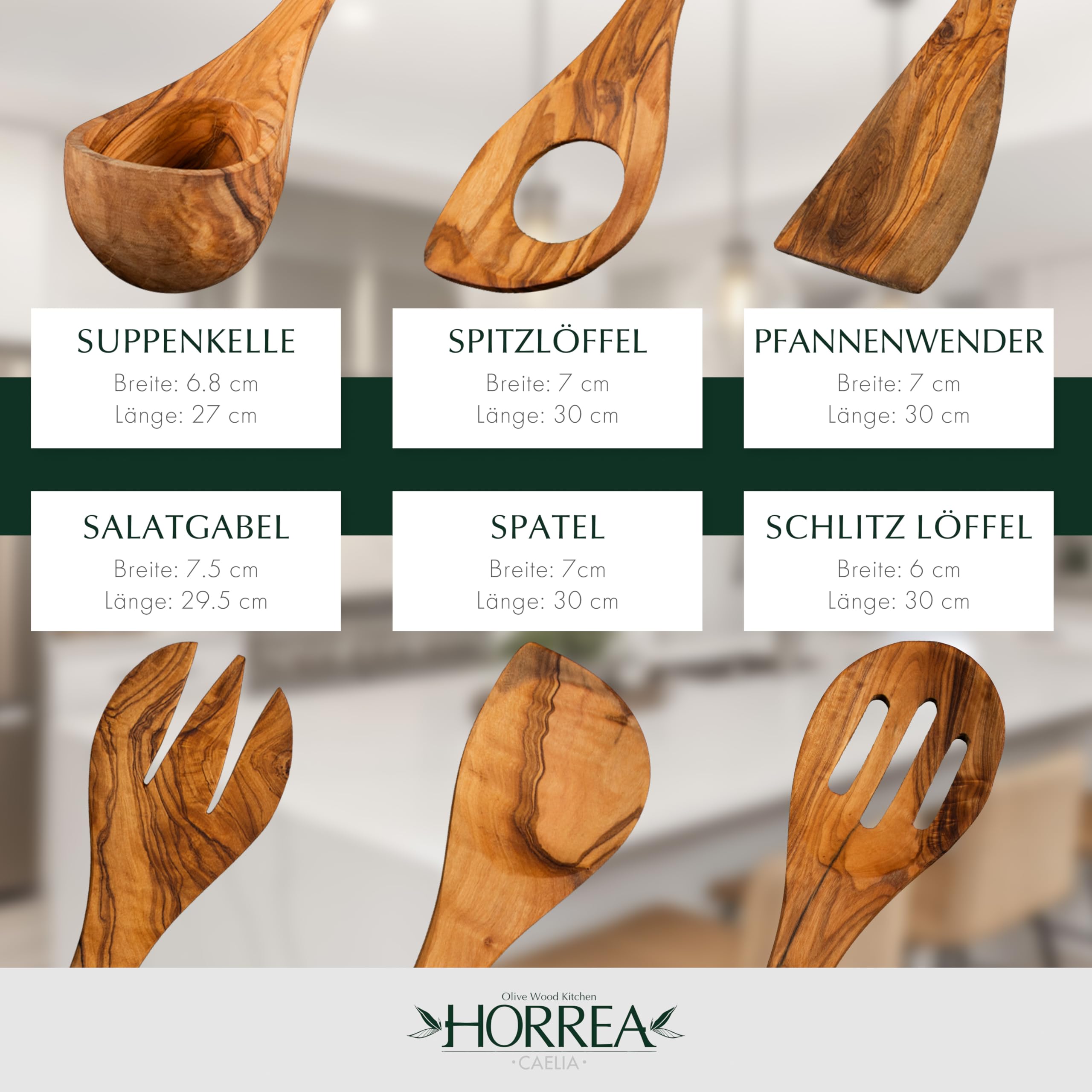 Juego de utensilios de cocina de madera sostenible: juego de cubiertos de madera con espátula, cucharón, cuchara para servir + saco de olivo. Juego de 8 piezas de cocina de alta calidad y sostenible
