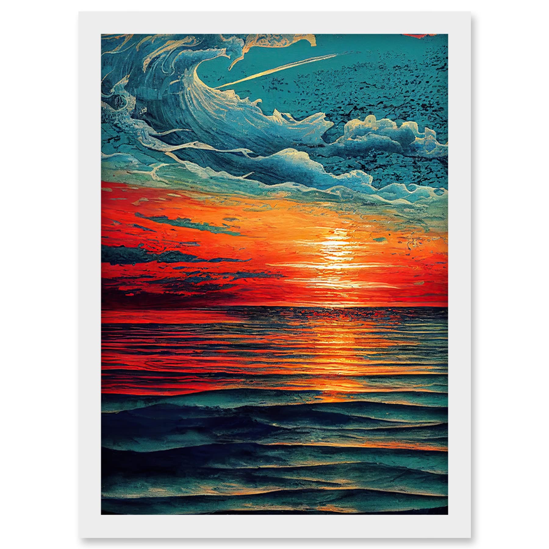 Artery8 Framed Wall Art Print A4 - Seascape Scarlet Sunrise Fiery Horizon Clouds