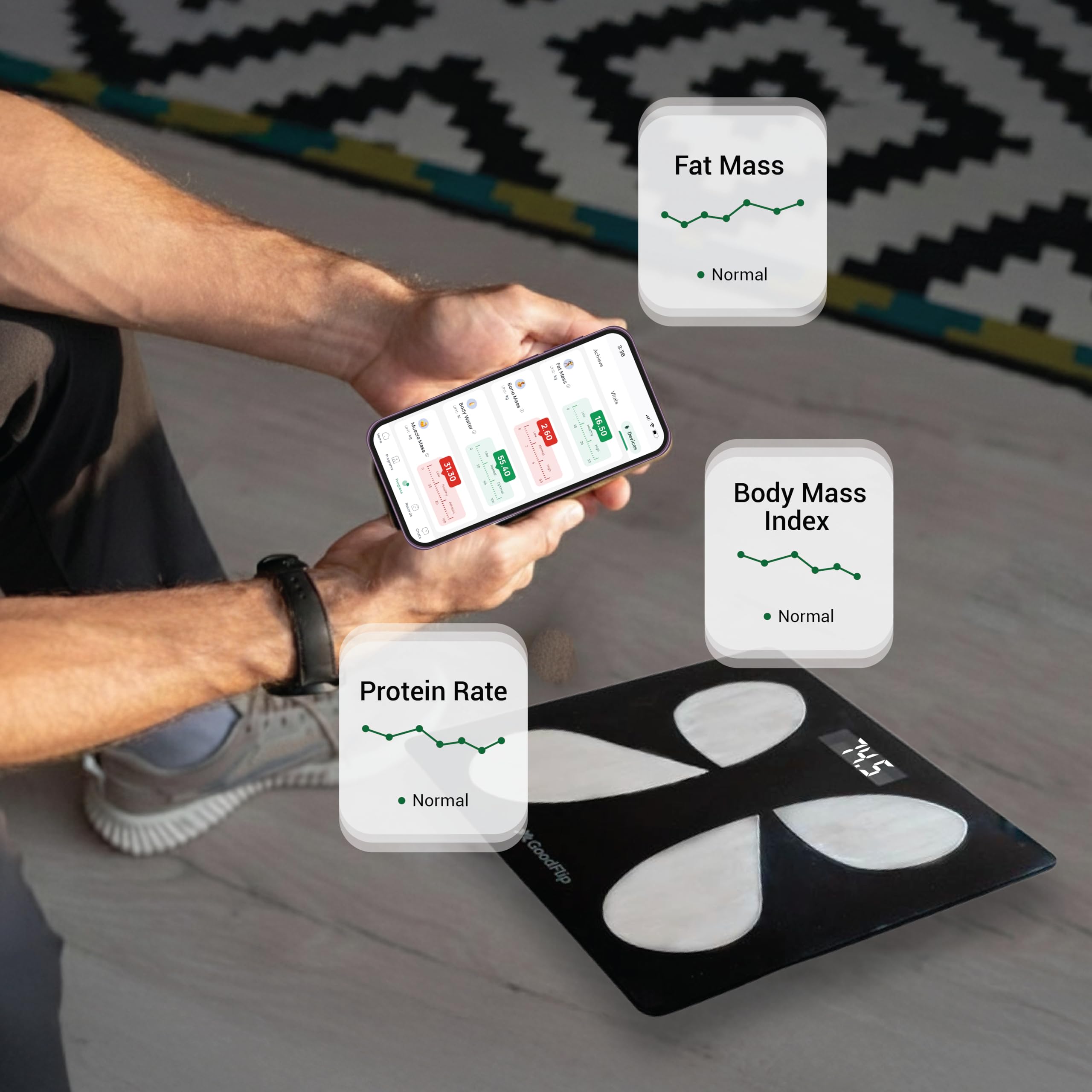 GoodFlip Smart Body Composition Analyser & Digital Scale – 18+ Body Metrics, Bluetooth App Sync (Android & iOS), Accurate Body Weight & Health Tracking, Auto Step-On, 180 kg Max 2