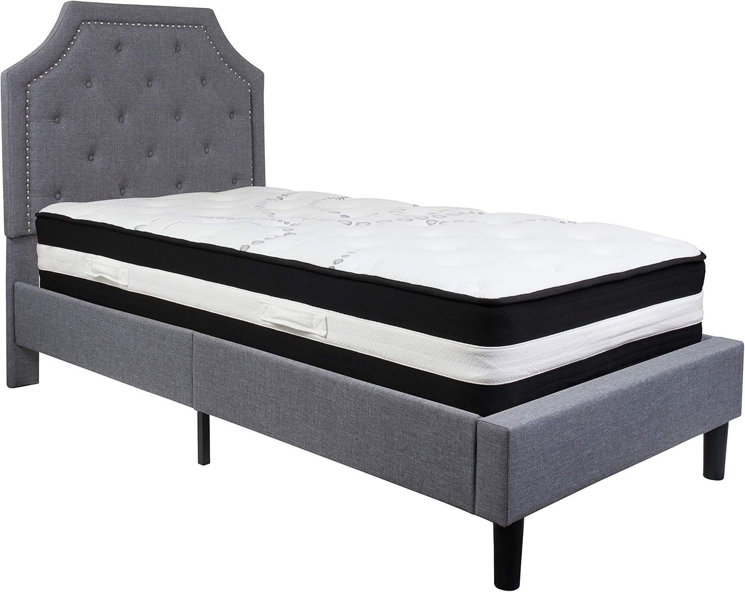 Flash Furniture Brighton Twin Size Tufted Upholstered Platform Bed in Light Gray Fabric with Pocket Spring Mattress