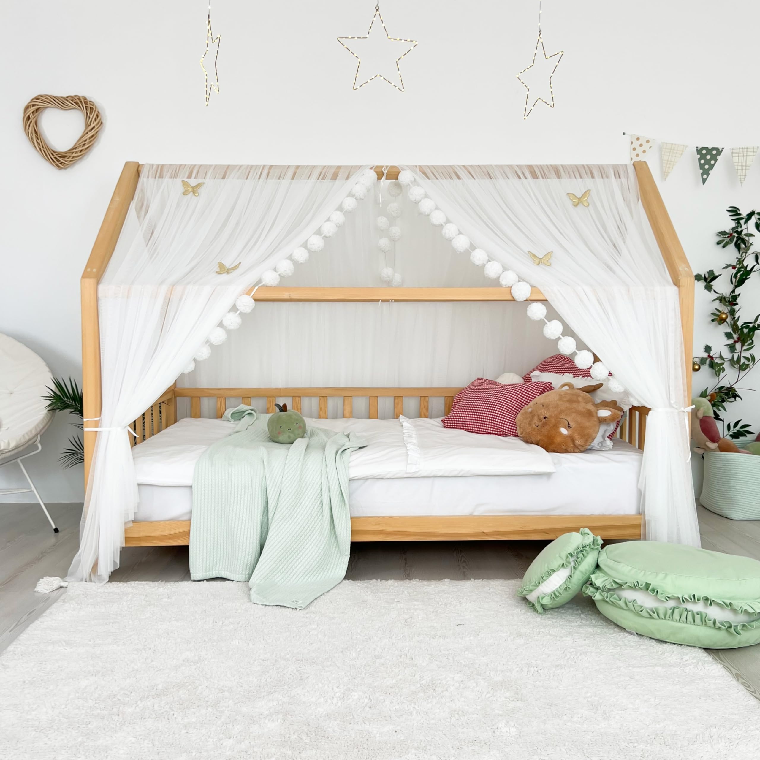 Montessori - Toldo de cama para dormitorio de niñas y niños, elegante decoración de habitación de niños, cortina de cama Montessori para niños pequeños con drapeado suave (blanco, 340 cm, juego