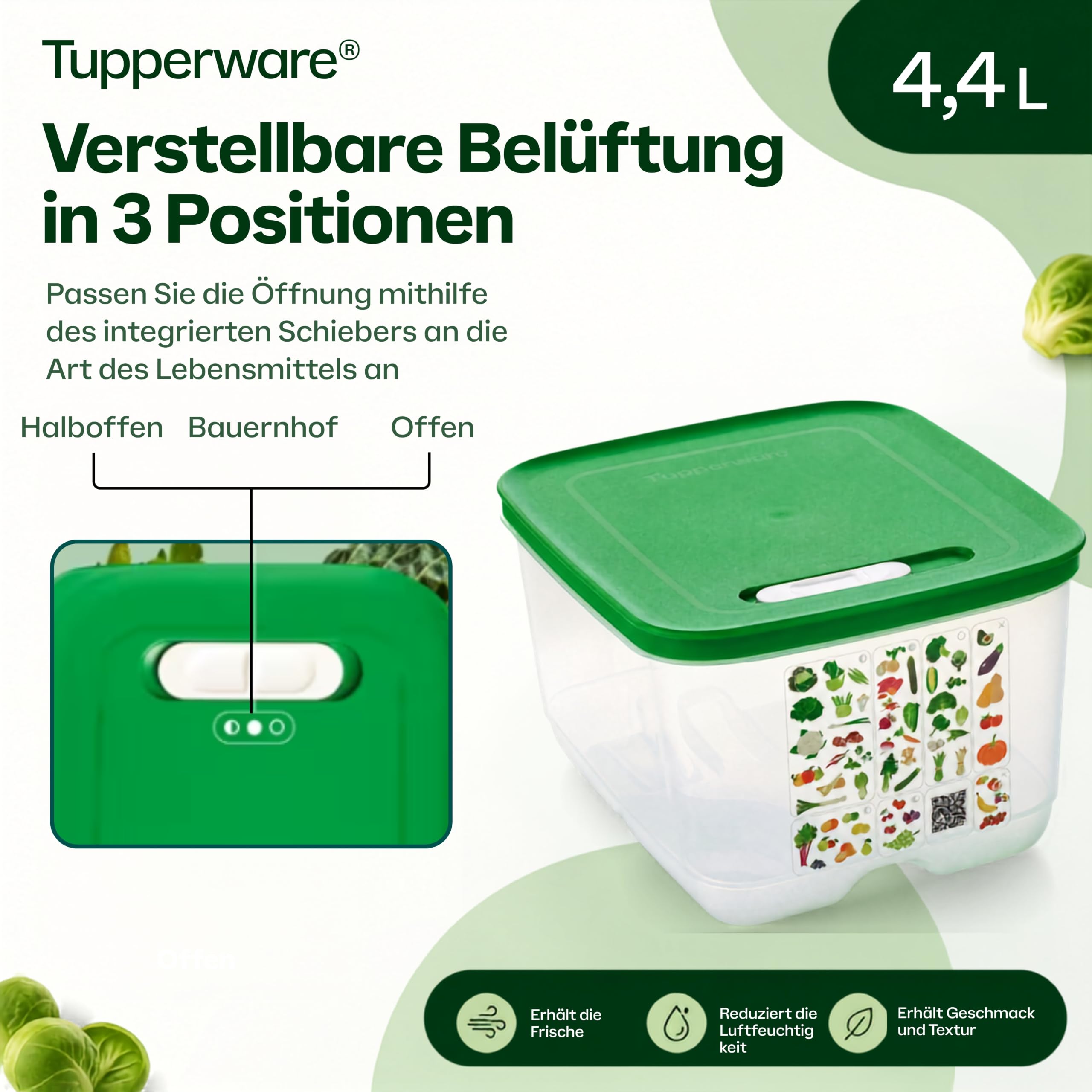Tupperware VentilOfrais Dose 4,4 L - Langzeit-Frischhaltung Obst Gemüse - Verstellbare Belüftung 3 Positionen - BPA-freier Kunststoff - 28,3 x 18,8 x 13,4 cm - Spülmaschinenfest