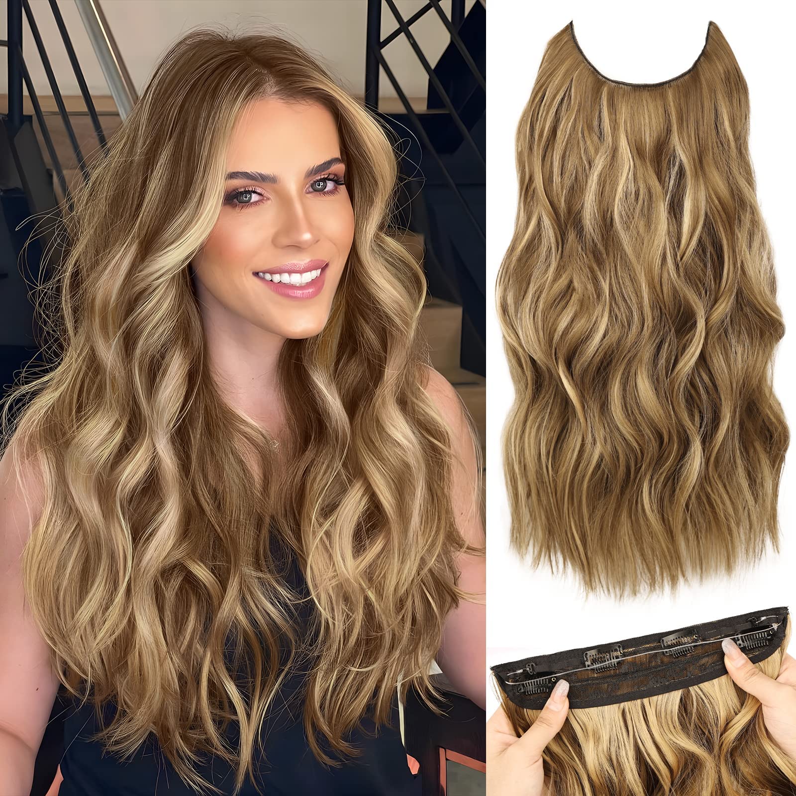 MORICA Invisible Wire Hair Extensions - 20 Inch Brown Mixed Blonde Long Wavy Synthetic Hairpiece with Transparent Wire Adjustable Size, 4 Secure Clips