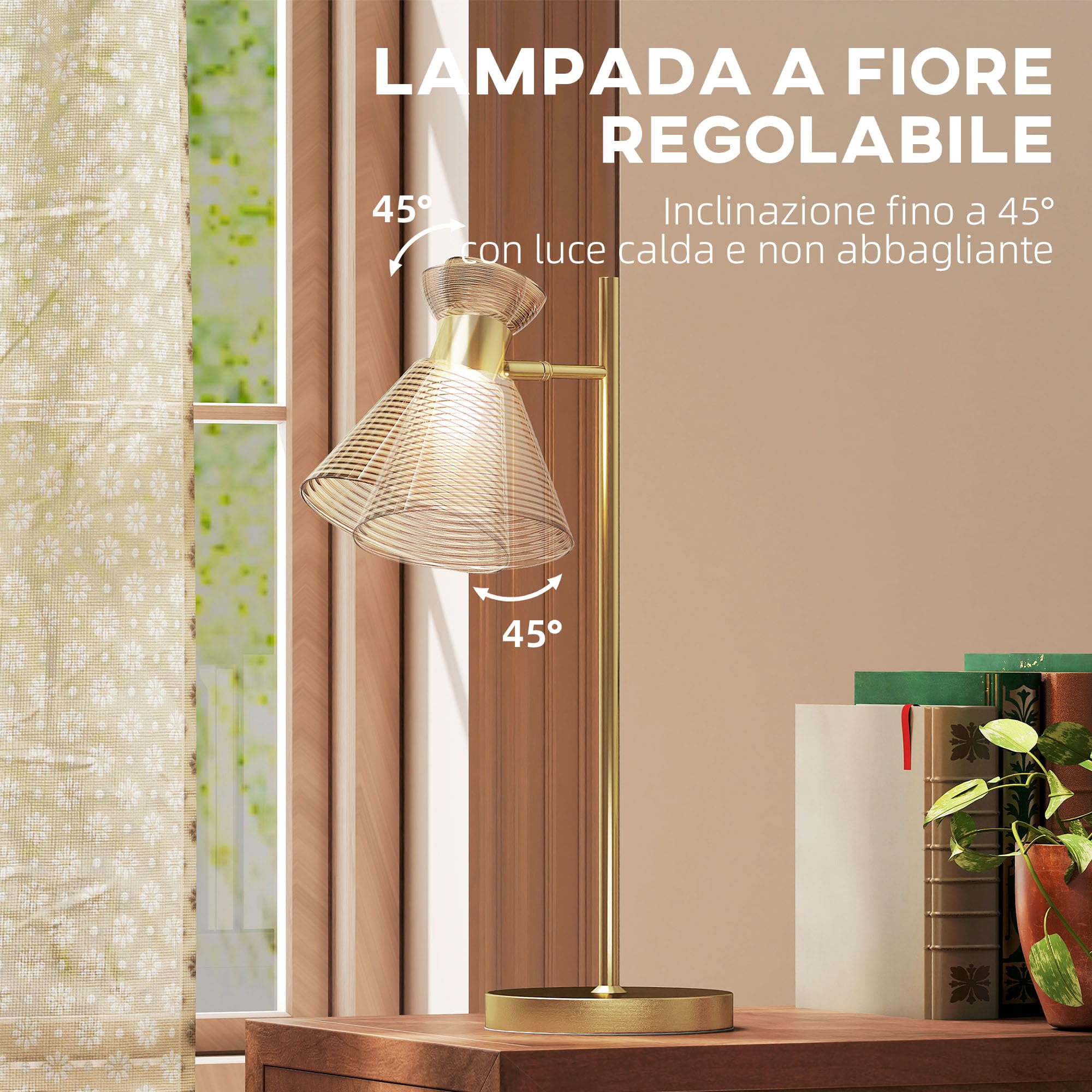HOMCOM Lampada da Scrivania Moderna con Paralume in Vetro Regolabile Oro