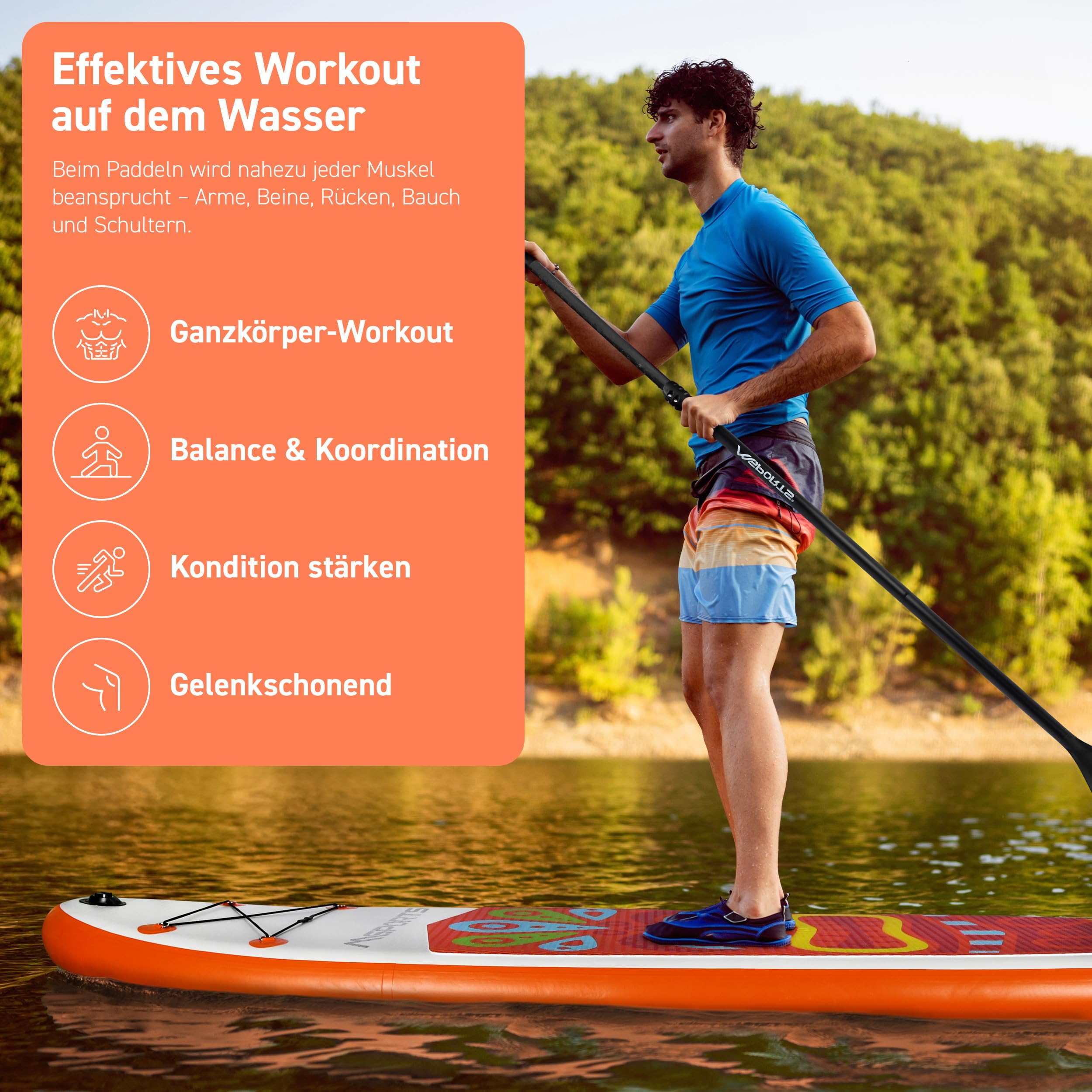 MSPORTS SUP - Stand Up Paddling Board - Aufblasbar Komplettes Paddleboard Zubehör Verstellbares Paddel, hochwertige Pumpe + 2X Paddelstock + wasserdichte Smartphone Tasche + Multifunktionstasche