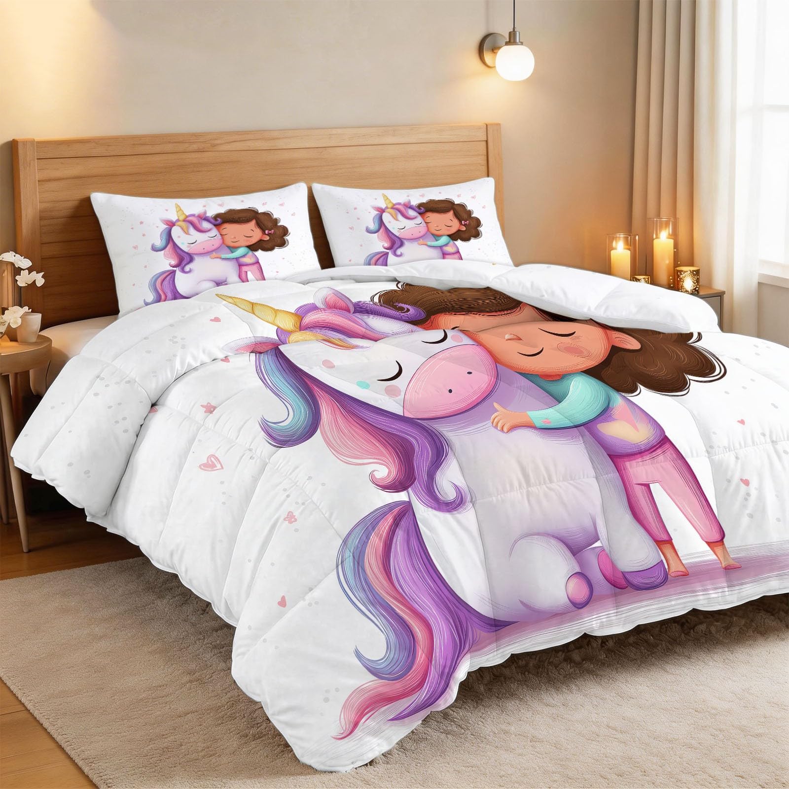 Generico Piumone Invernale 140 x 200 cm Carina Unicorno Bambina Trapunta in Ecopiuma 400 gr/mq, Caldo ed Elegante – Biancheria da Letto Anallergica e Traspirante – Set 3 Pezzi, Viola