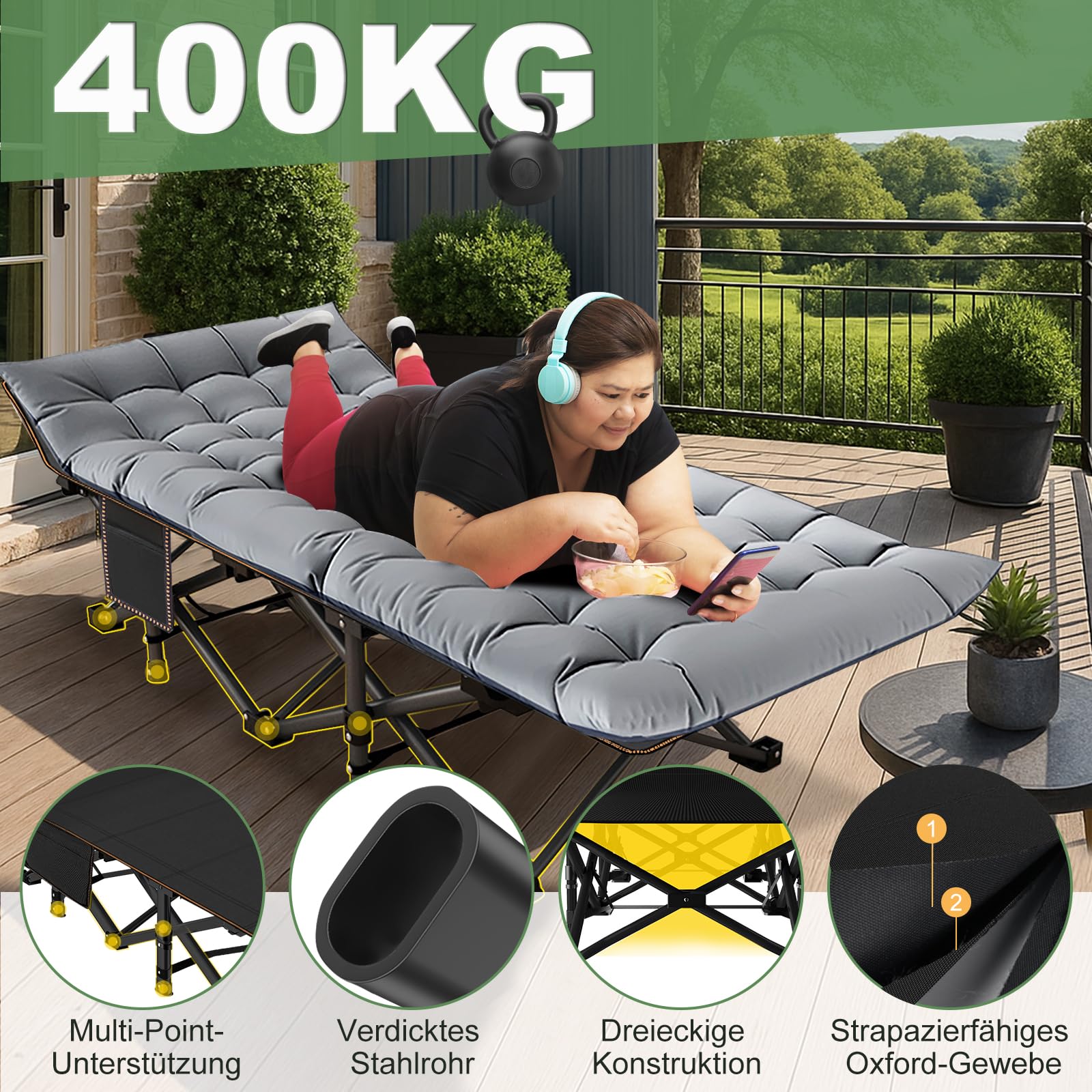 Meulbaty Extra groot klapbed met matras, 46 cm breed, 400 kg, stalen frame van heavy duty en Oxford-stof, 198 x 81 x 46 cm, ideaal voor volwassenen, tuin en reizen (XXL, zwart