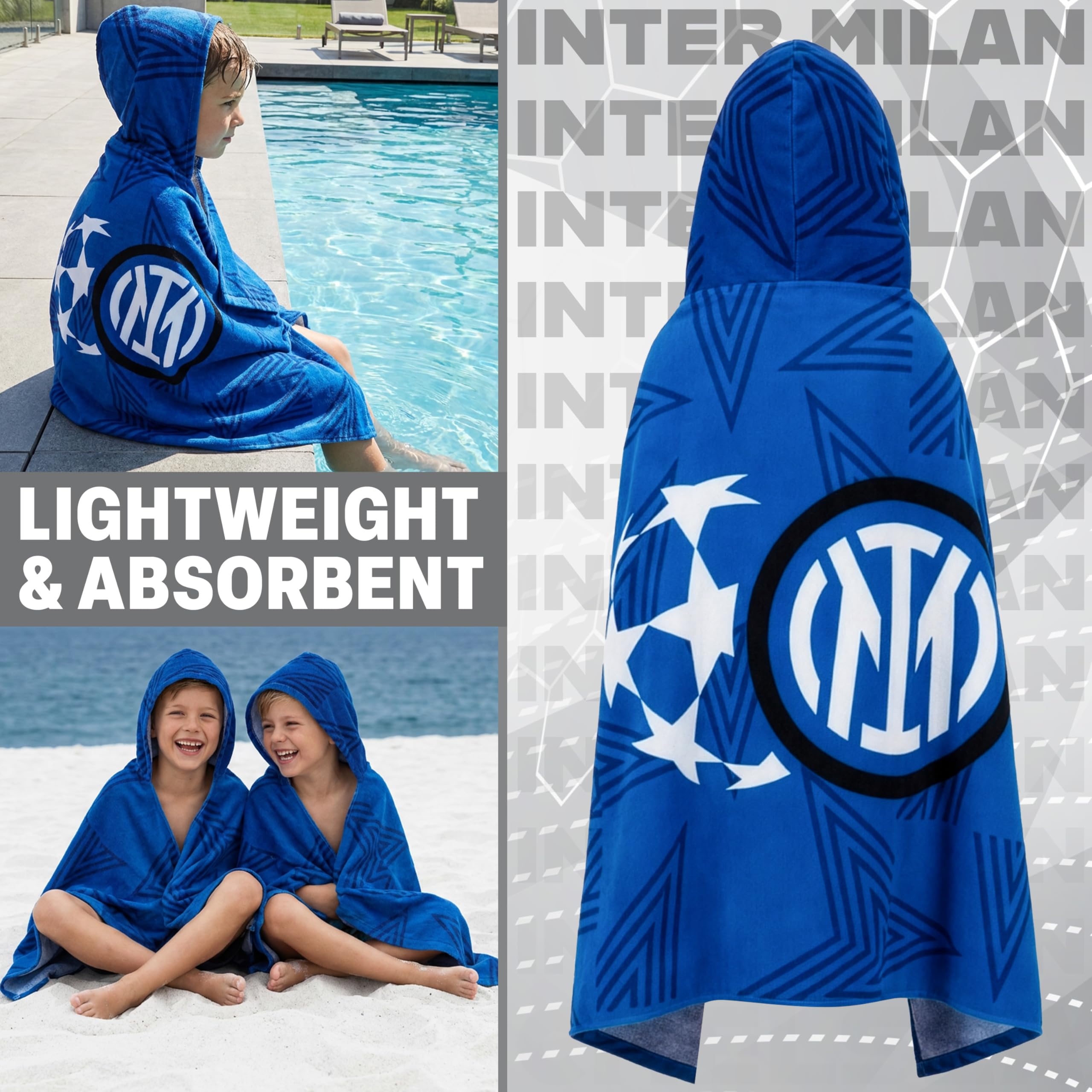Inter Milan F.C Incappucciato Asciugamani Bagno Bambini e Adolescenti, Assorbente Asciugamano Cotone, Piscina, Nuoto e Asciugamano da Mare, Accessori Viaggio, Regalo Bambino (Marina Inter Milan)