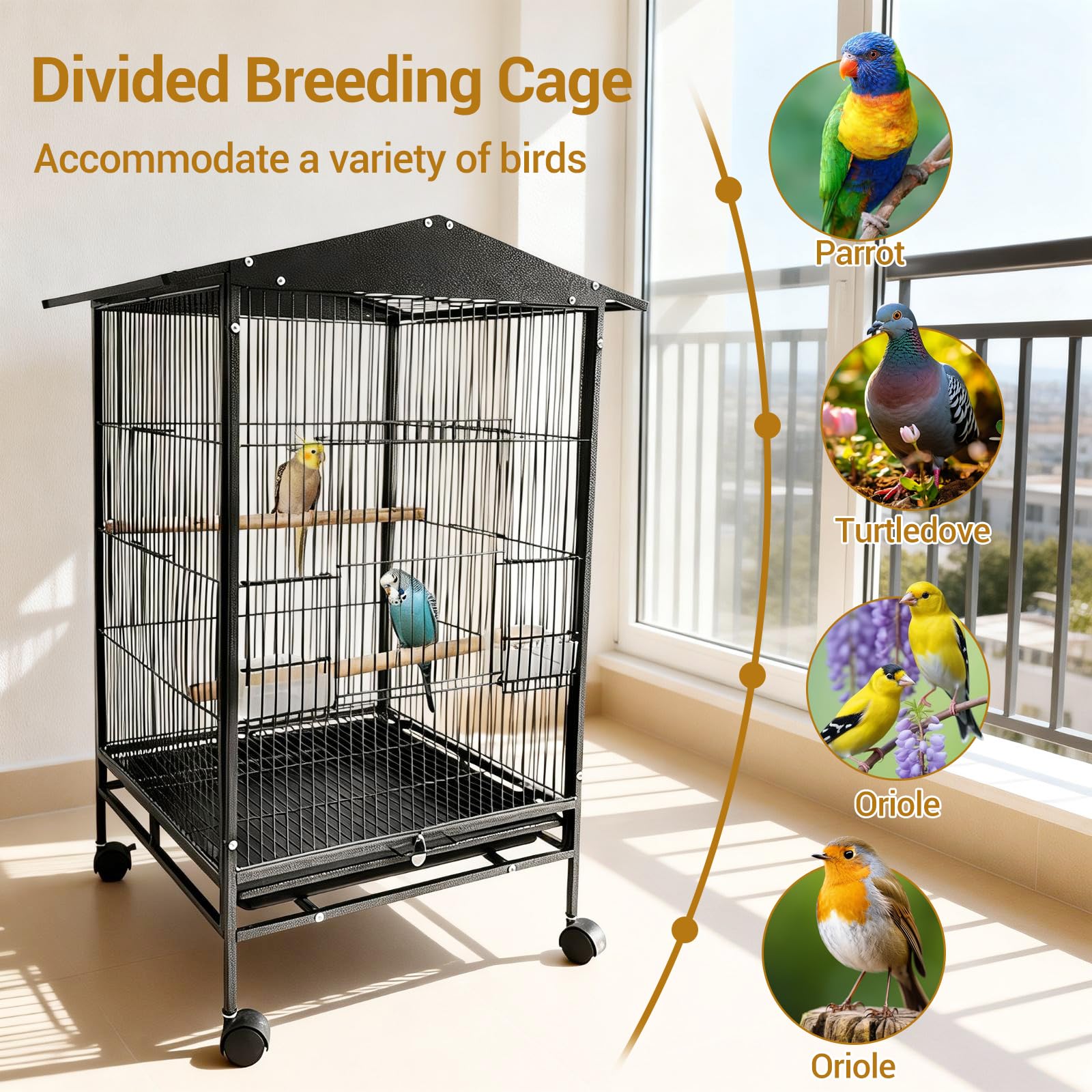 Garvee Jaula para Pájaros Grande de Hierro Forjado con Soporte y Ruedas – Pajarera Espaciosa para Loros, Periquitos y Ninfas – Incluye Bandeja Extraíble, Perchas de Madera y Comederos 85 x 57 x 45 cm