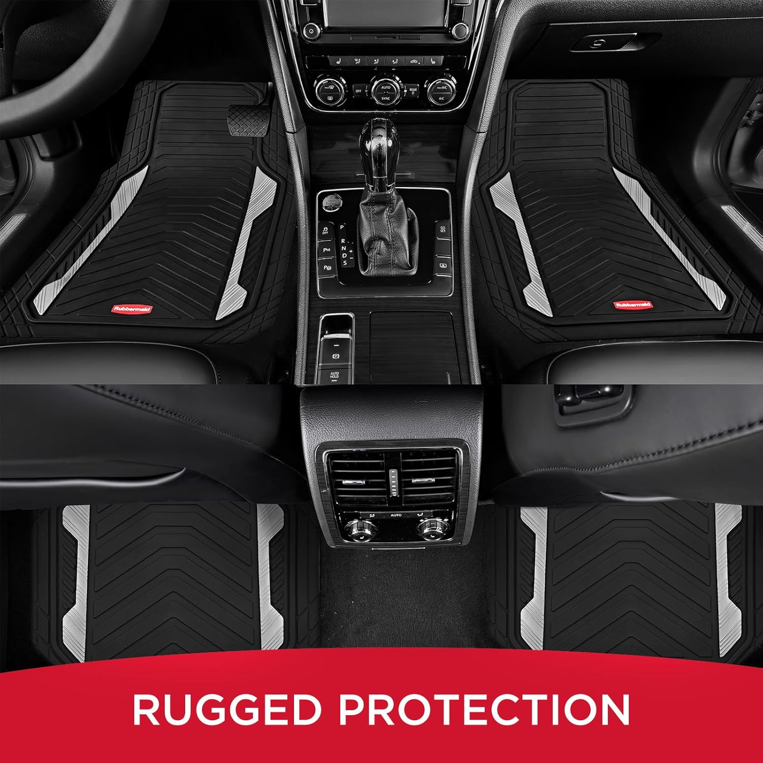 Rubbermaid Car Floor Mat, Heavy Duty All-Weather Car Mats Full Set with Dual-Tone Sliver Aluminum Inserts – Universal Fit, Anti-Slip Backing, Trim-to-Fit for Most SUV, Sedan, Van
