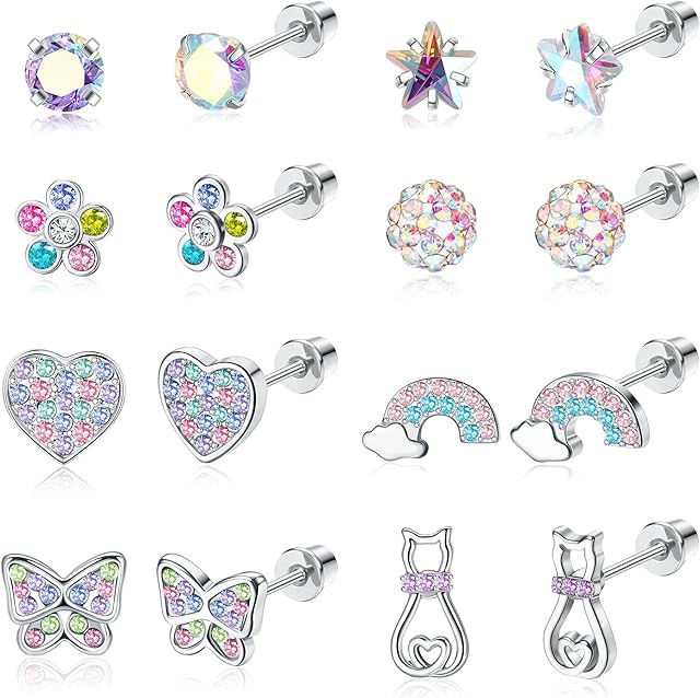 YADOCA 8 Pairs Hypoallergenic Stud Earrings for Women Girls 316L Stainless Steel CZ Heart Screw Back Earring Studs Flower Multicolored Butterfly Stud Earrings Set