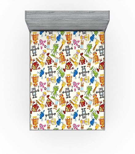 Miniatura 2 de Ambesonne Sábana bajera ajustable de robots de dibujos animados, diseño de ciencia futurista, ropa de cama de tela decorativa suave, bolsillo