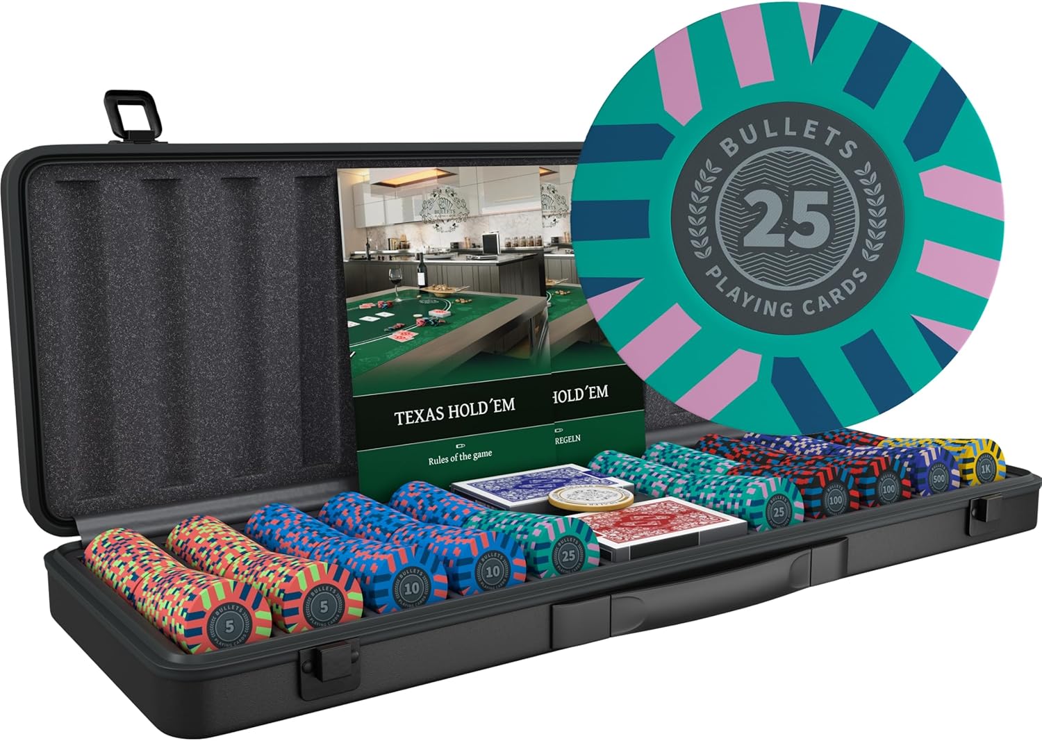 Bullets Playing Cards | Poker Set Salvatore | 500 Clay Poker Chips (10 g) with Aluminum Case, Plastic Playing Cards & Dice – Texas Hold’em, Numbered Values