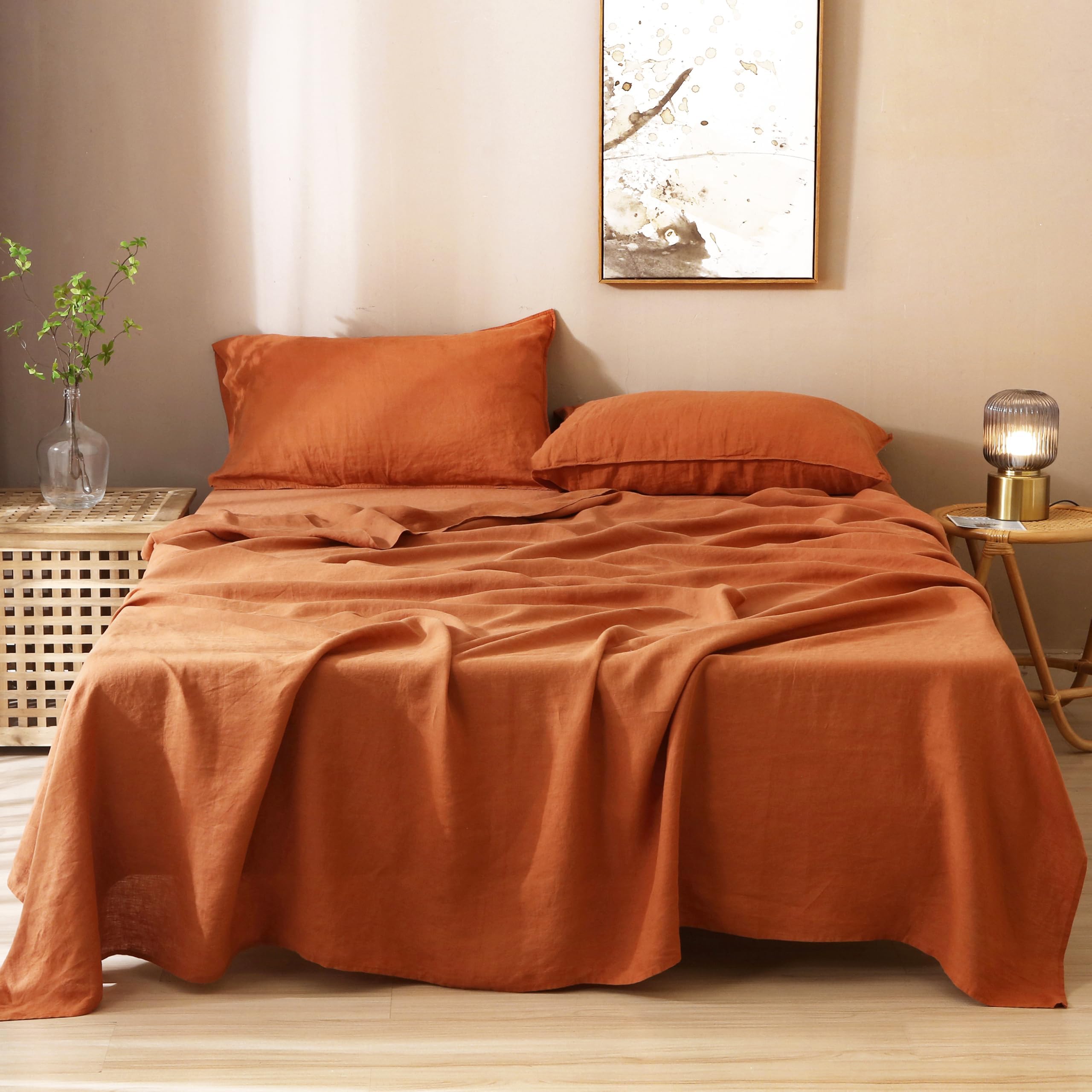 S VICTORY SYMBOL 100% Organic Linen Sheets Set Queen Size,Natural French Flax from Normandy Bedding Set with Stone Washed 4 Pieces,Ultra Soft Breathable(Caramel)