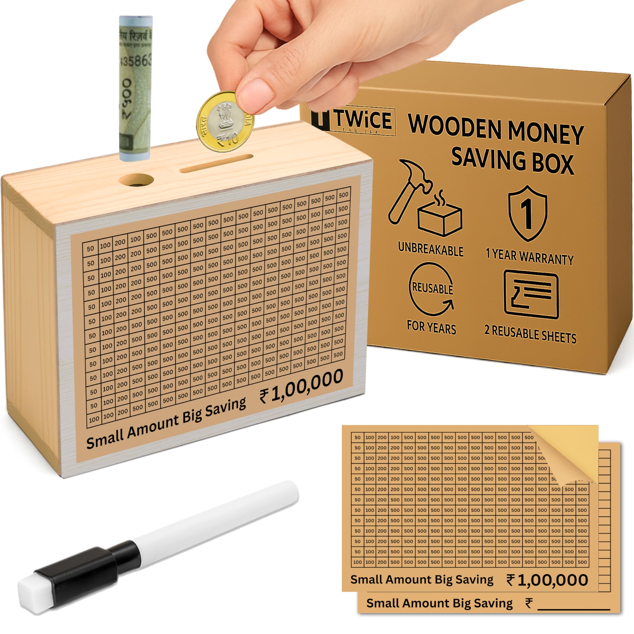 Unbreakable Wooden Money Saving Box for Adults – 1 Lakh Capacity | Reusable Piggy Bank | Money Bank with Amount 100000 | One Lakh Gullak, Kidddy Bank for Kids, Men, Women, Girls, Boys | 1 Yr Warranty