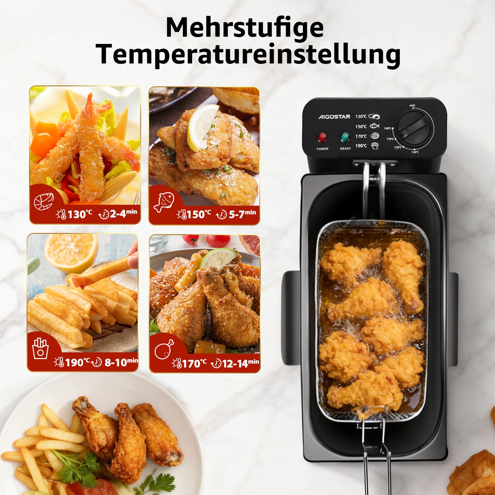 Aigostar Ushas - Fritteuse 3L, 2200 W, Transparenter Deckel, Herausnehmbare Innenpfanne, Einstellbarer Thermostat, Wedelstahl, BPA-frei