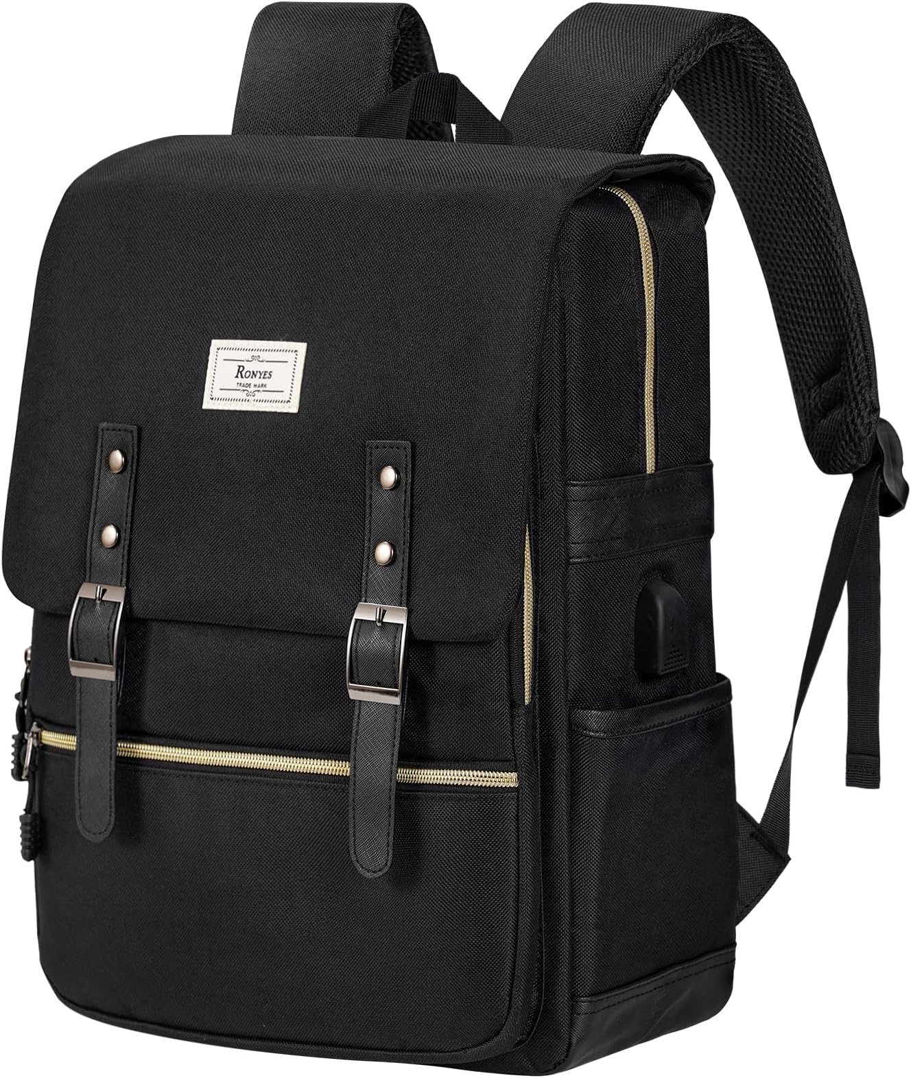 Ronyes Vintage Laptop Backpack for Women Men,15.6 inch Bookbag Casual Daypack with USB Charging Port for College Work, All Black Backpacks
