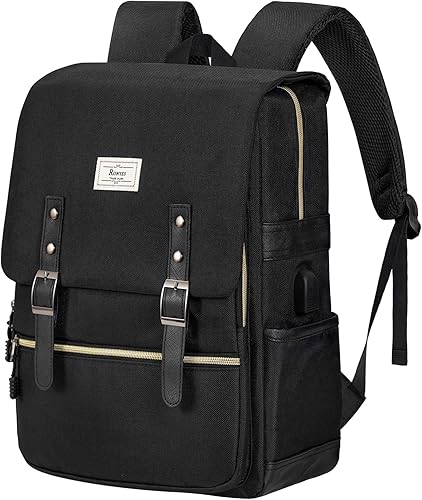 Miniatura 8 de Ronyes Mochila vintage para laptop para mujeres y hombres, mochila casual de 15.6 pulgadas con puerto de carga USB para trabajo universitario,