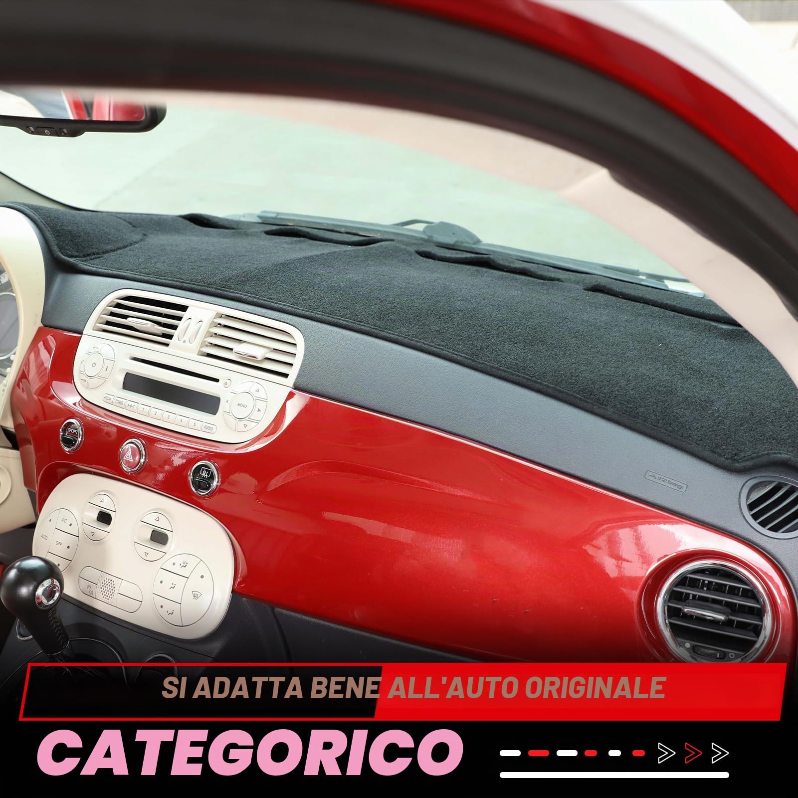 Tappetino protettivo per cruscotto compatibile con Fiat 500 2008-2023 - Fodera antiscivolo anti-UV, protezione solare (nero, guida a sinistra)