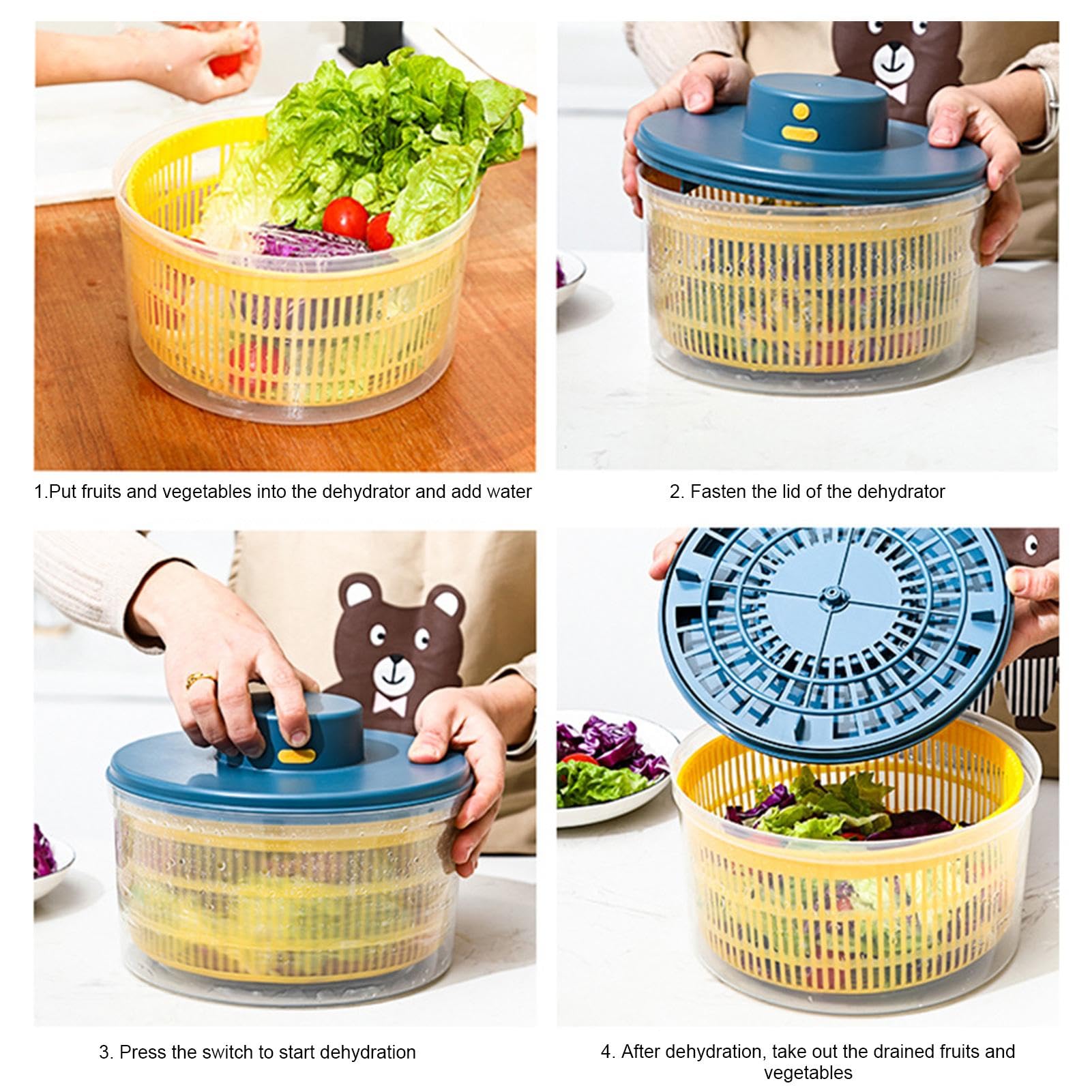 Mélangeur électrique à Drainage Rapide, séchoir à Salade et légumes | Séchoir à légumes d'une capacité de 3 L | Mélangeur électrique à Chargement USB sécurisé pour Un séchage Efficace