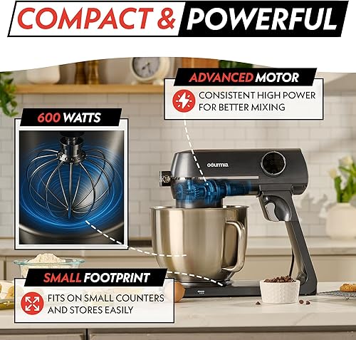 Miniatura 5 de Gourmia Digital Stand Mixer - 7 QT Tilt-Head Kitchen Mixer with LED Timer, 10 Speeds, Stainless Steel Bowl, Attachments Included, 800W, Silver