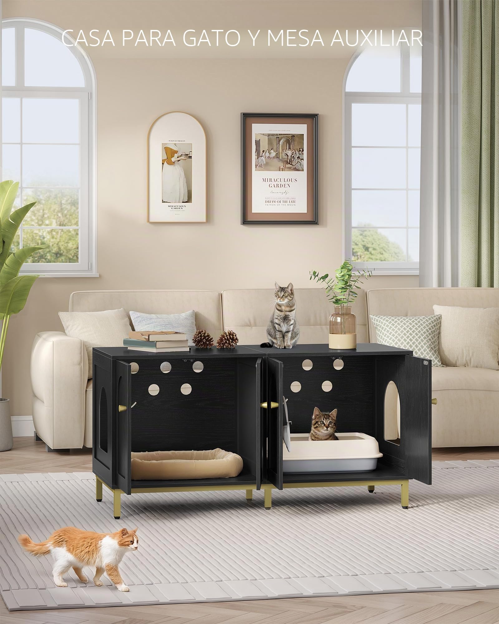 Hzuaneri Caja de Arena para 2 Gatos, 119cm Mueble para Caja de Arena Oculta, Casa de Madera para Mascotas, Mueble de Almacenaje, Se Adapta a la Mayoría de Arenero Gato, Negro CB82304A