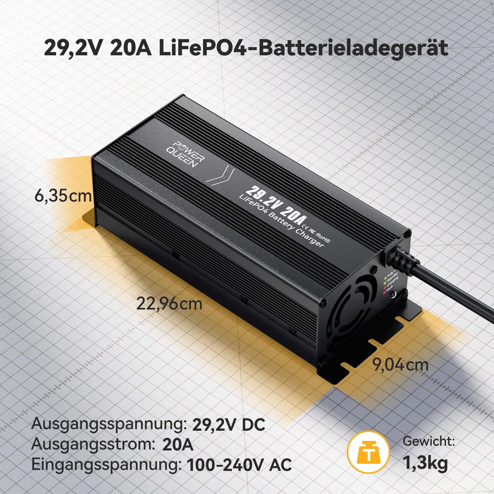 Power Queen 29.2V 20A Lithium LiFePO4 Batterieladegerät Maintainer Vollautomatisches, Wiederaufladbares LiFePO4 Batterieladegerät mit Mehreren Siche