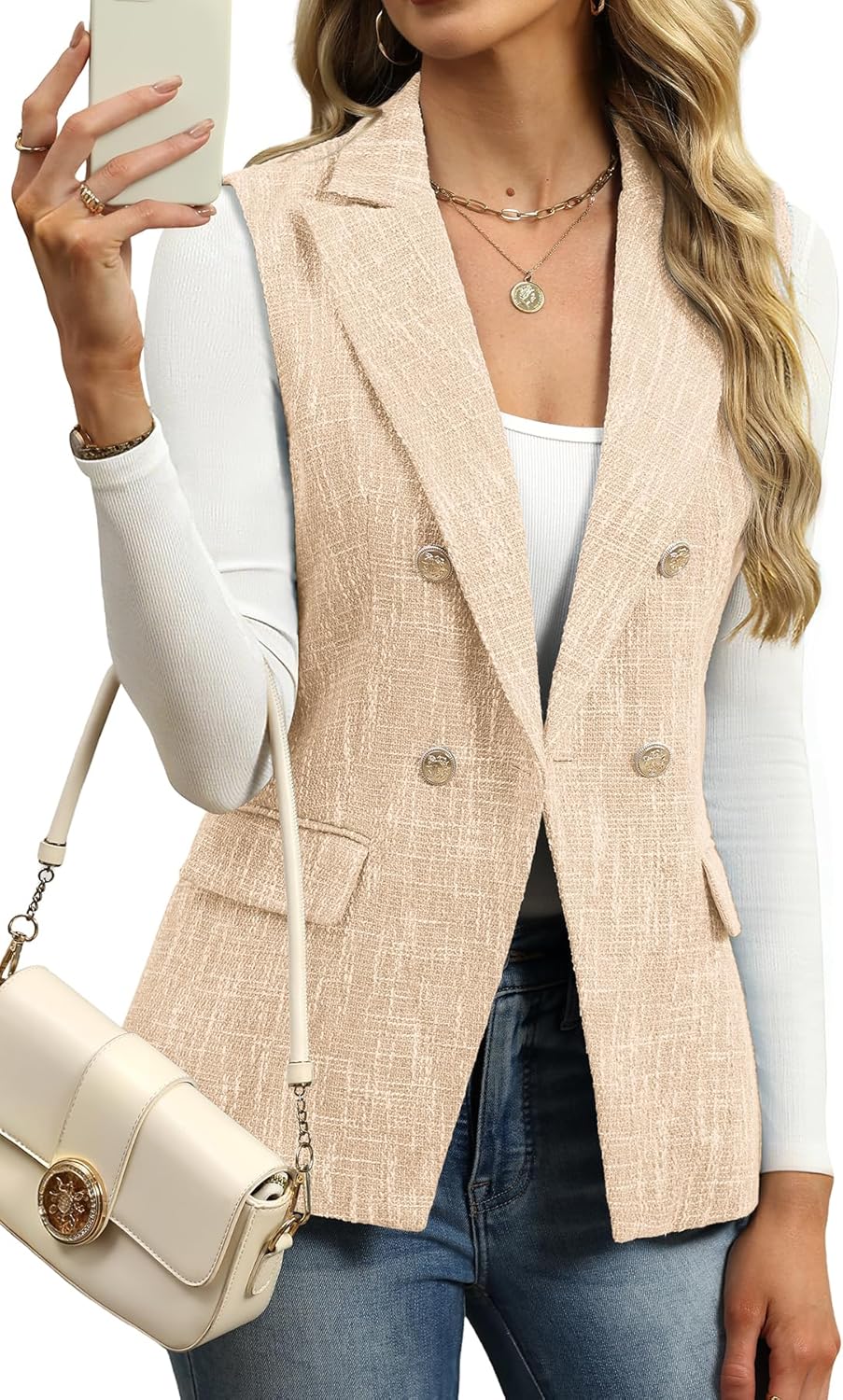 ELLEVEN Women’s Tweed Long Vest, Sleeveless Double-Breasted Blazer Trendy Tops Coat with Pockets