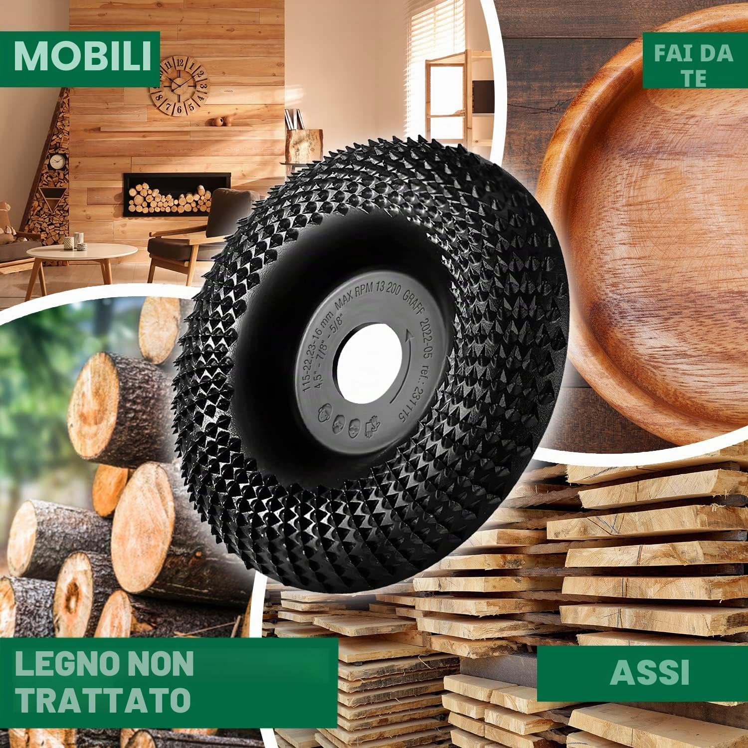 Intaglio Legno Mola Disco 115mm x 22.23mm – Disco Raspa per Intagliare e Levigatura Legno Conifere, Duro – Disco Abrasivo Lucidatura Modellatura – Mola per Smerigliatrice Angolare GRAFF