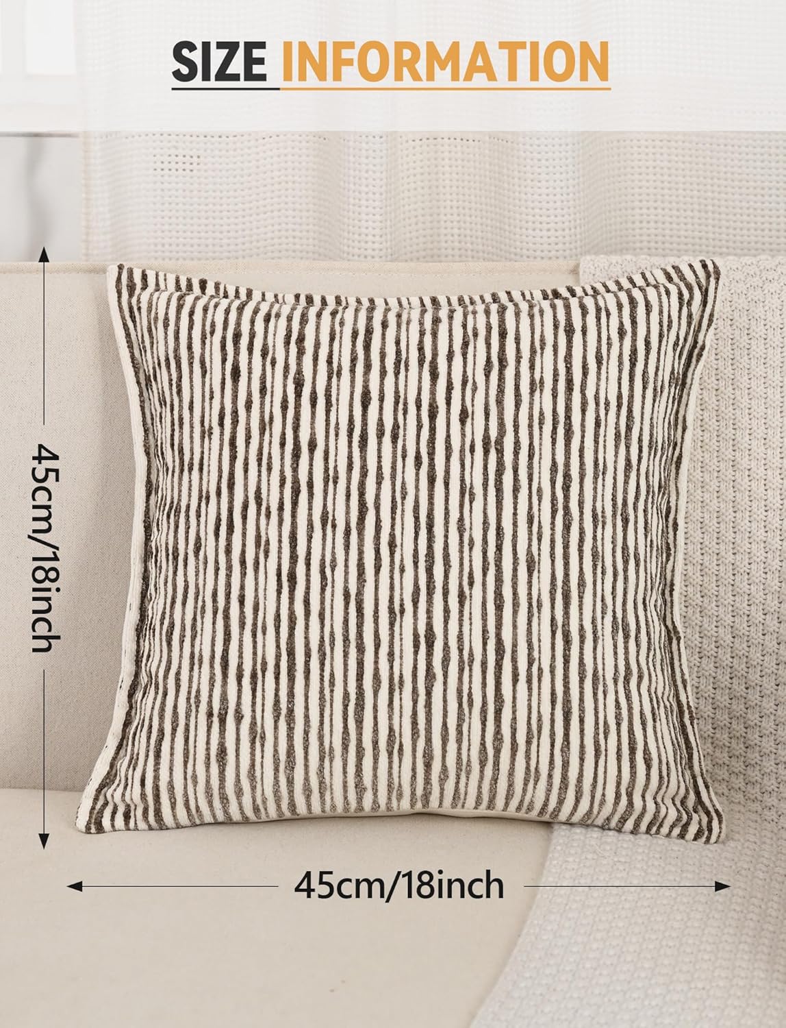 2 Pack Chenille Striped Pillow Case Boho Textured Accent Pillow Cover Farmhouse Square Cushion Covers for Sofa Living Room Bedroom Coffee Brown