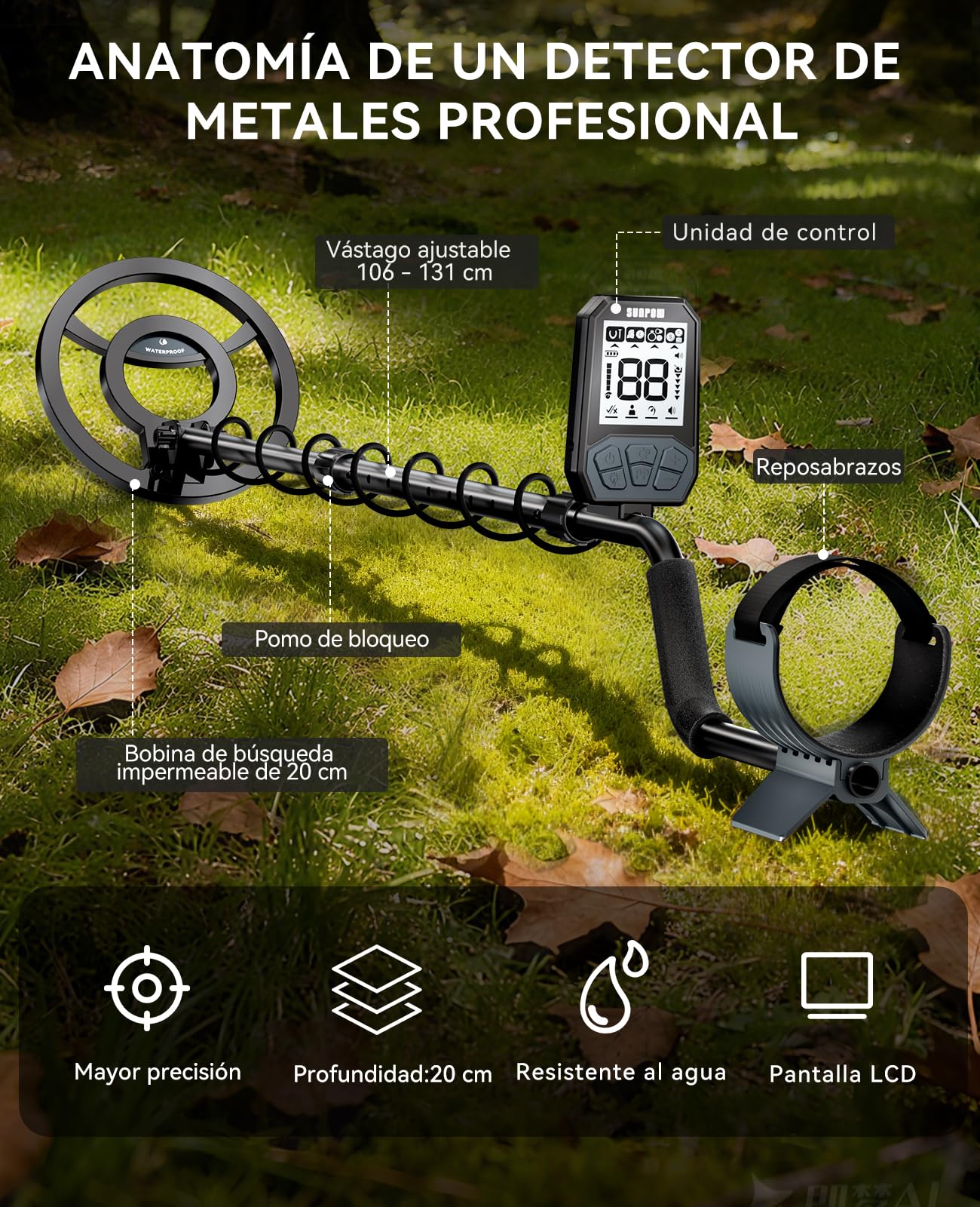 SUNPOW Detector de Metales para Adultos y Niños - Detectores de Metales Recargable por USB, Batería de Larga Duración 20H - 4 Modos para Detección de Oro - Bobina de Búsqueda Impermeable IP68 de 8"