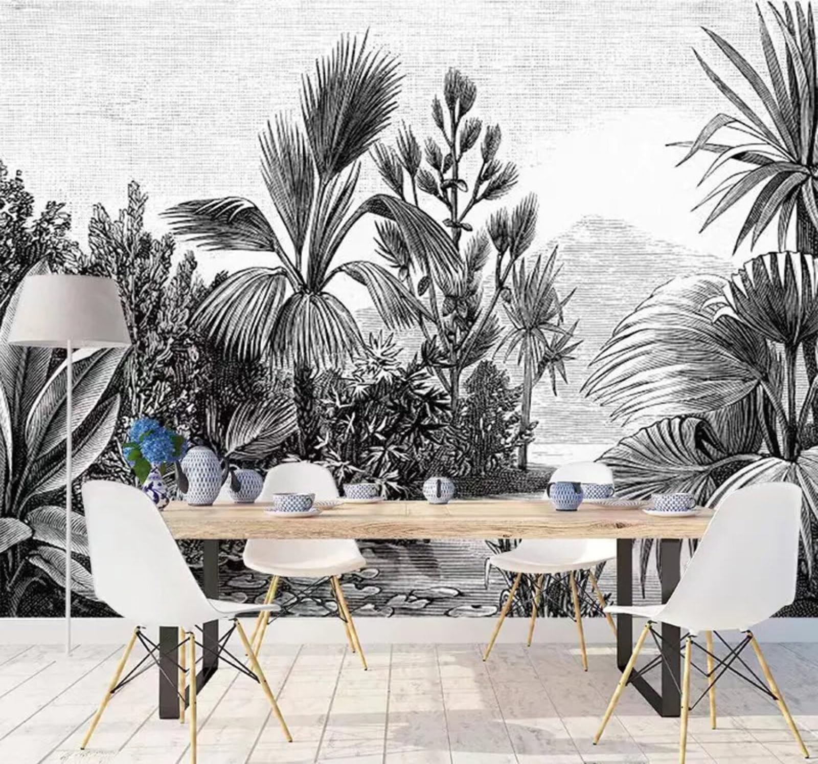 Retro Hand Drawn Black and White Tropical Jungle 3D Wallpaper Easy Install Feature Office Living Room Sofa Bedroom TV Background Wall Decoration-400cm×280cm