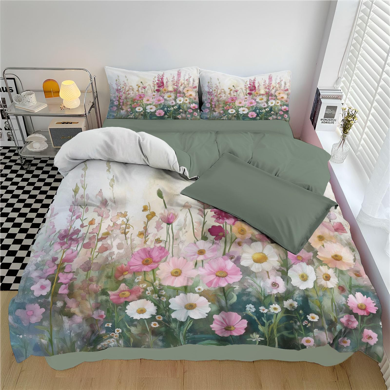 Juego de Cama Reversible Colinas Flores, Nórdica Estampada Edredón Naturaleza Flores, Blanco Verde Juego de Funda de 150x220cm 2 con 2 Fundas de Almohada para Cama de Matrimonio