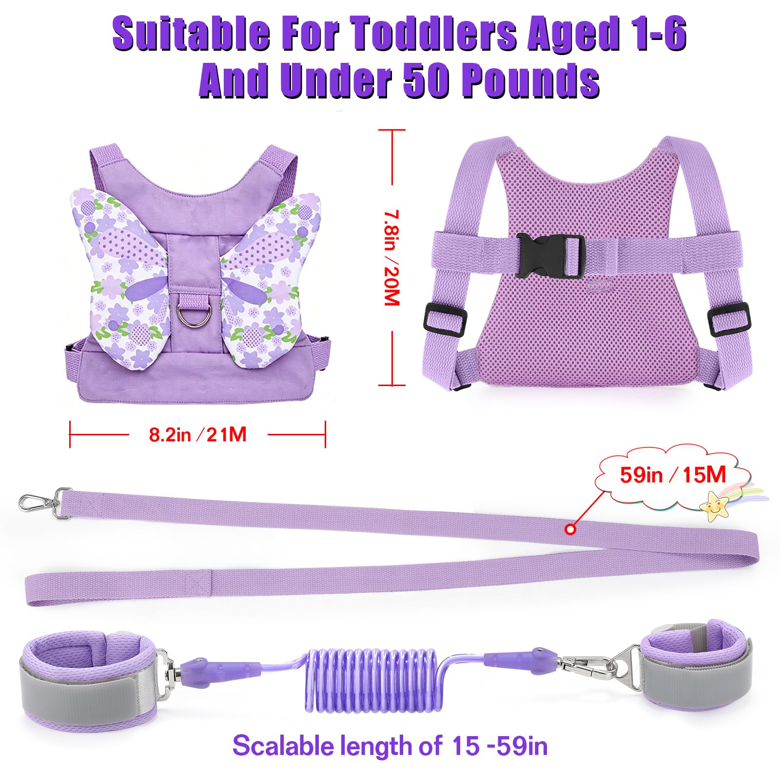 Correa para niños pequeños + eslabón de muñeca antipérdida para niños, arnés de seguridad para niños, pulsera para caminar, cinturón para niña, regalo de Navidad rosa (morado)