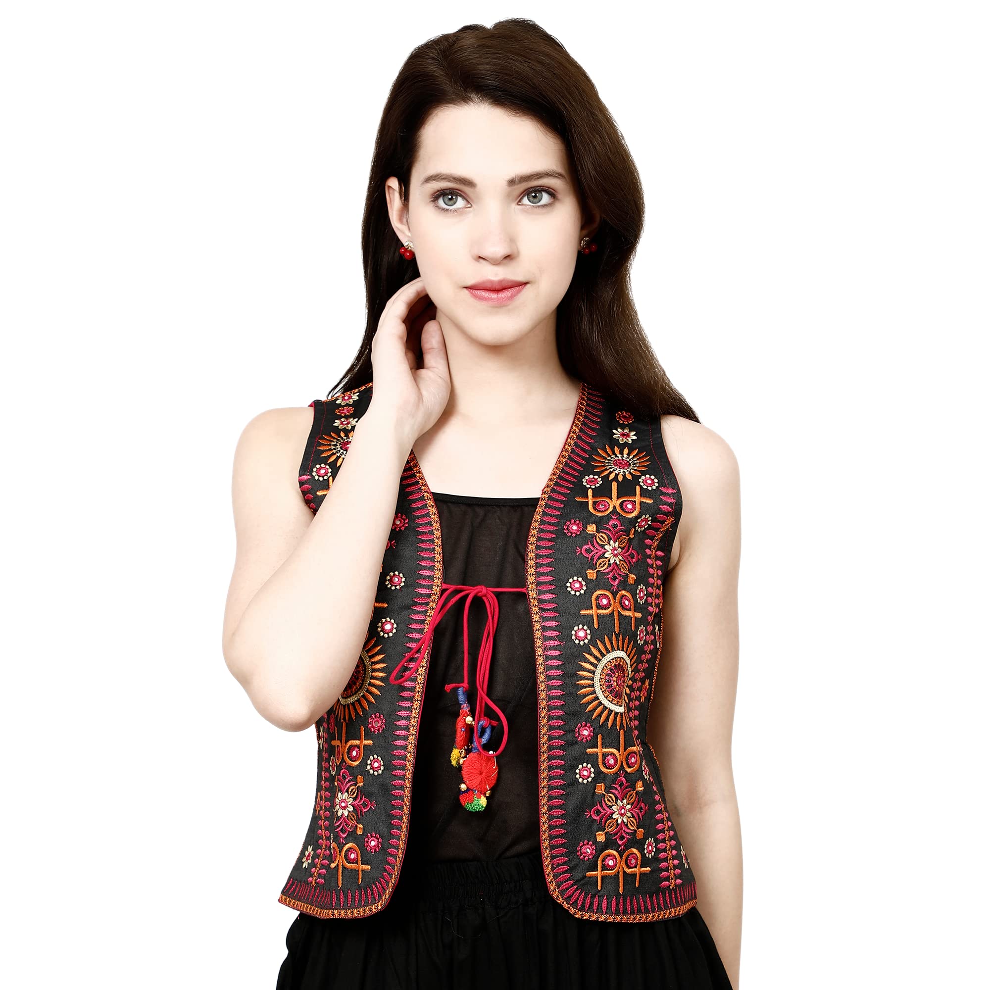 odhan Women's Black Embroidered Ethnic Jacket Vest, Sleeveless Koti with Multicolour Floral Design-picture-41