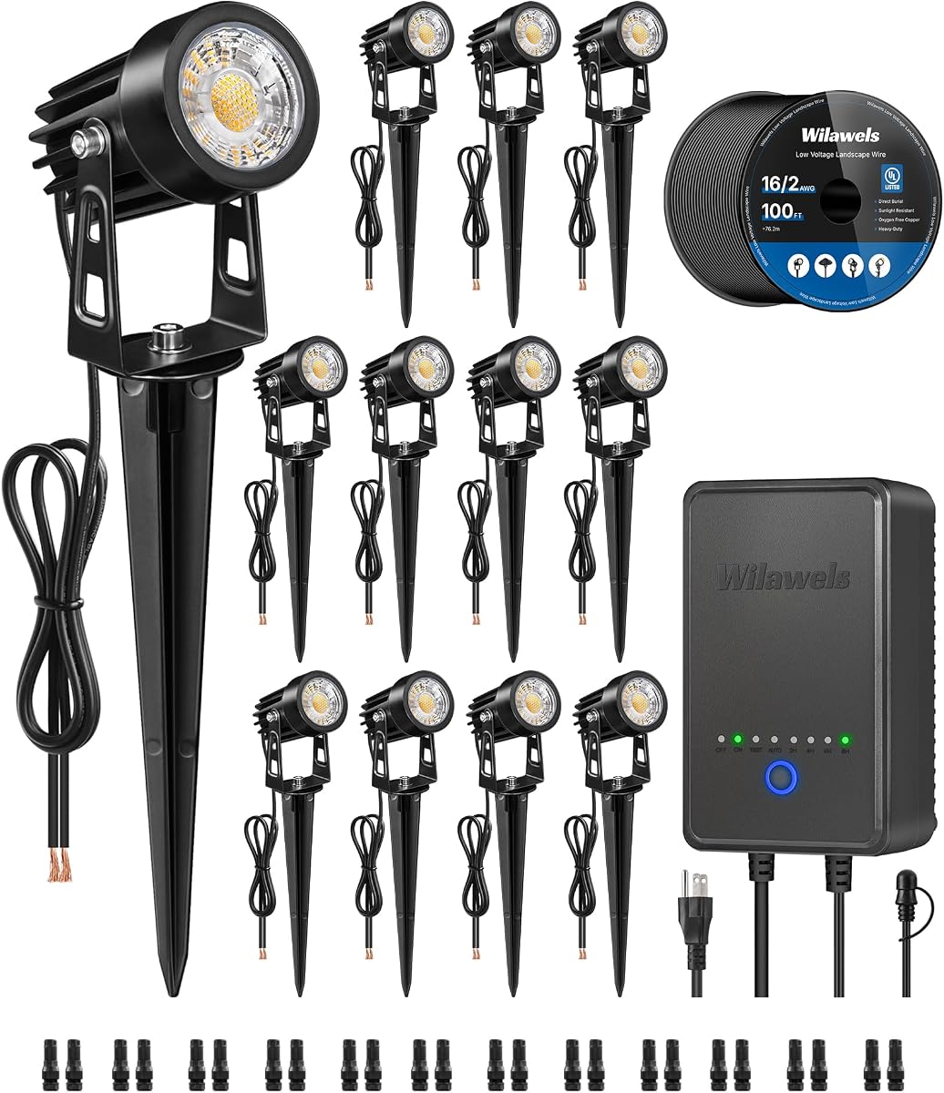 All-in-One LED Low Voltage Landscape Lighting Kit, 12-Pack Landscape Lights with Transformer, 100FT Wire and Connectors, 3000K Waterproof Outdoor Spotlights for Yard Garden Tree House W02LK06