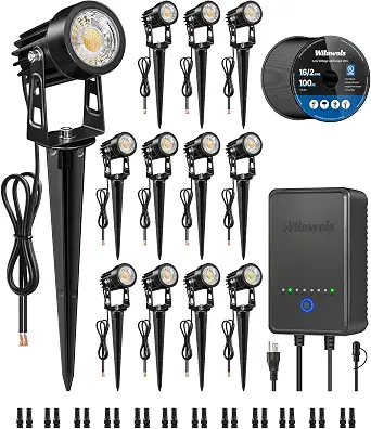 All-in-One LED Low Voltage Landscape Lighting Kit, 12-Pack with Transformer, 100FT Wire, Waterproof Outdoor Spotlights