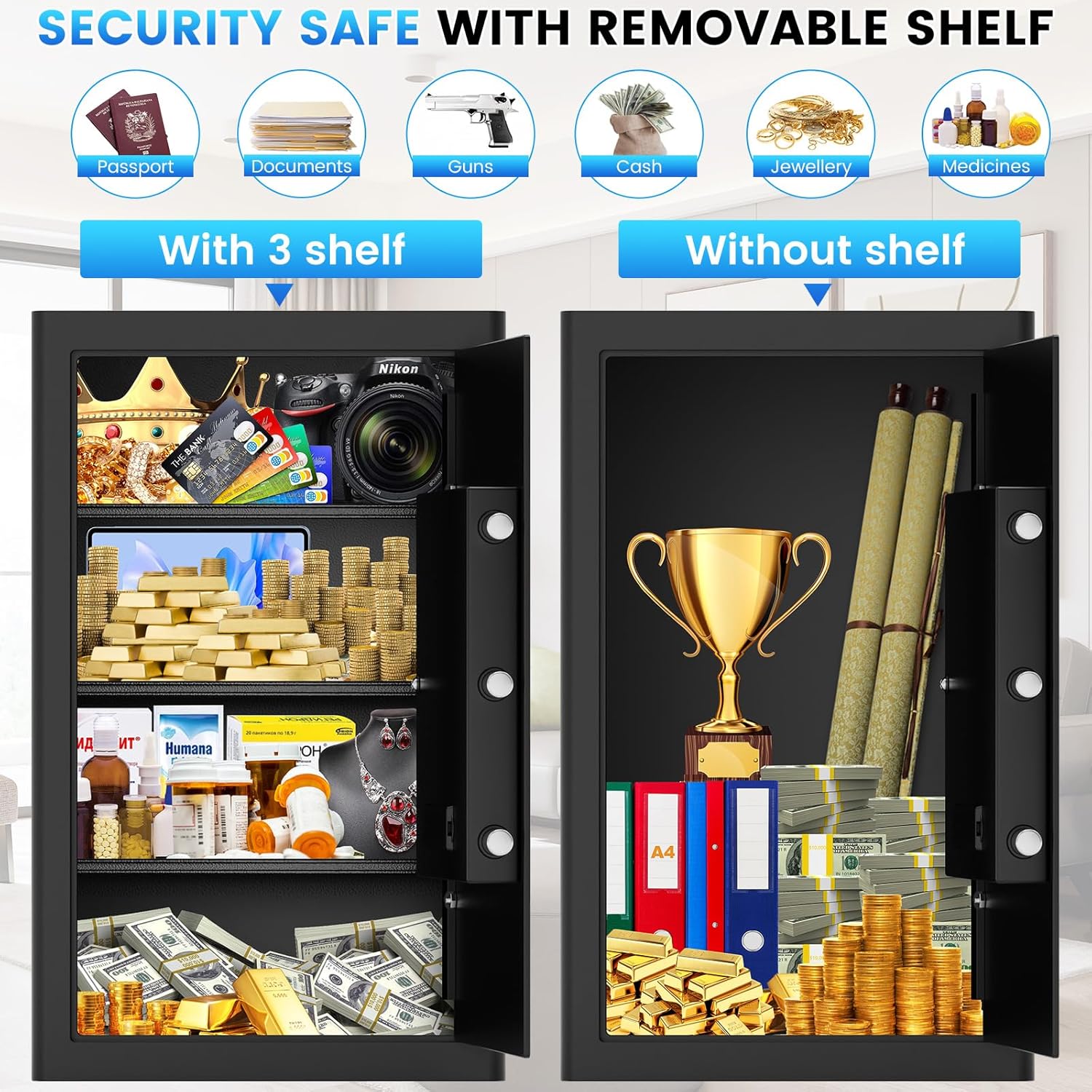 27.56"H Steel Safe Box, 6.0 Cuft Home Safes with Fireproof Waterproof Bag, Digital Security Safes with Programmable Keypad Keys, Smart Alert, Mute Mode, Anti-theft Safety Box for Documents Valuables