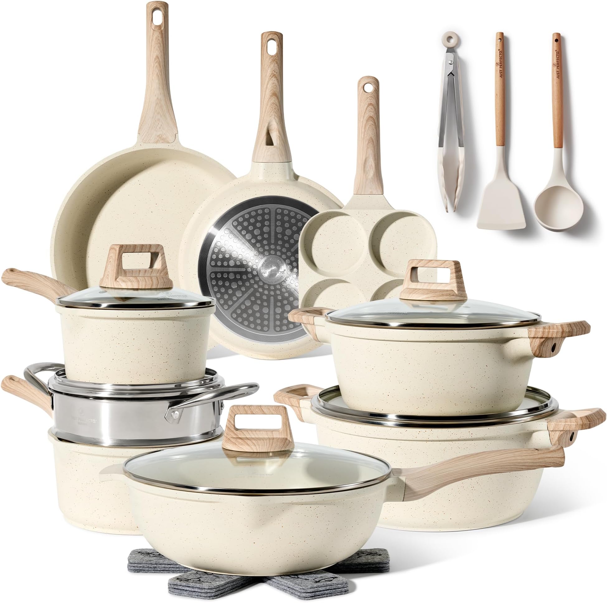 JUST PERFECTO HOUSEHOLD APPLIANCES Induction Cookware Set of Saucepans with Lid โ All Heat Sources โ Non-Stick Frying Pan โ PFOA and PTFE Free โ Set with Frying Pans (21 x Biege)