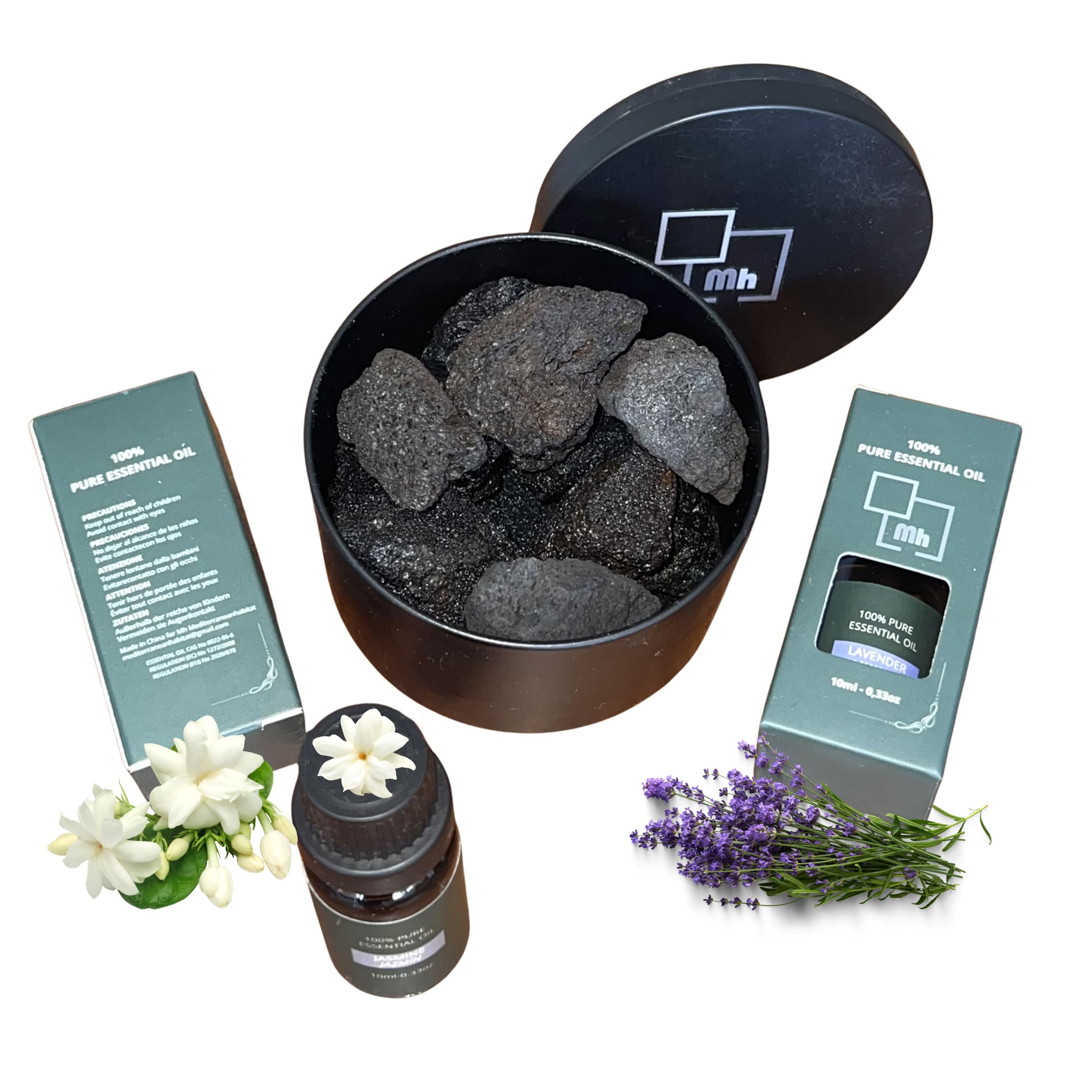 Difusor Aceites Esenciales - Con 2 Aromas, Jazmín y Lavanda 10ml - Piedras Volcánicas 100% Naturales - Uso Relajante - Ideal para Baño, Yoga o Comedor - Sin Electricidad - Fácil Aplicación