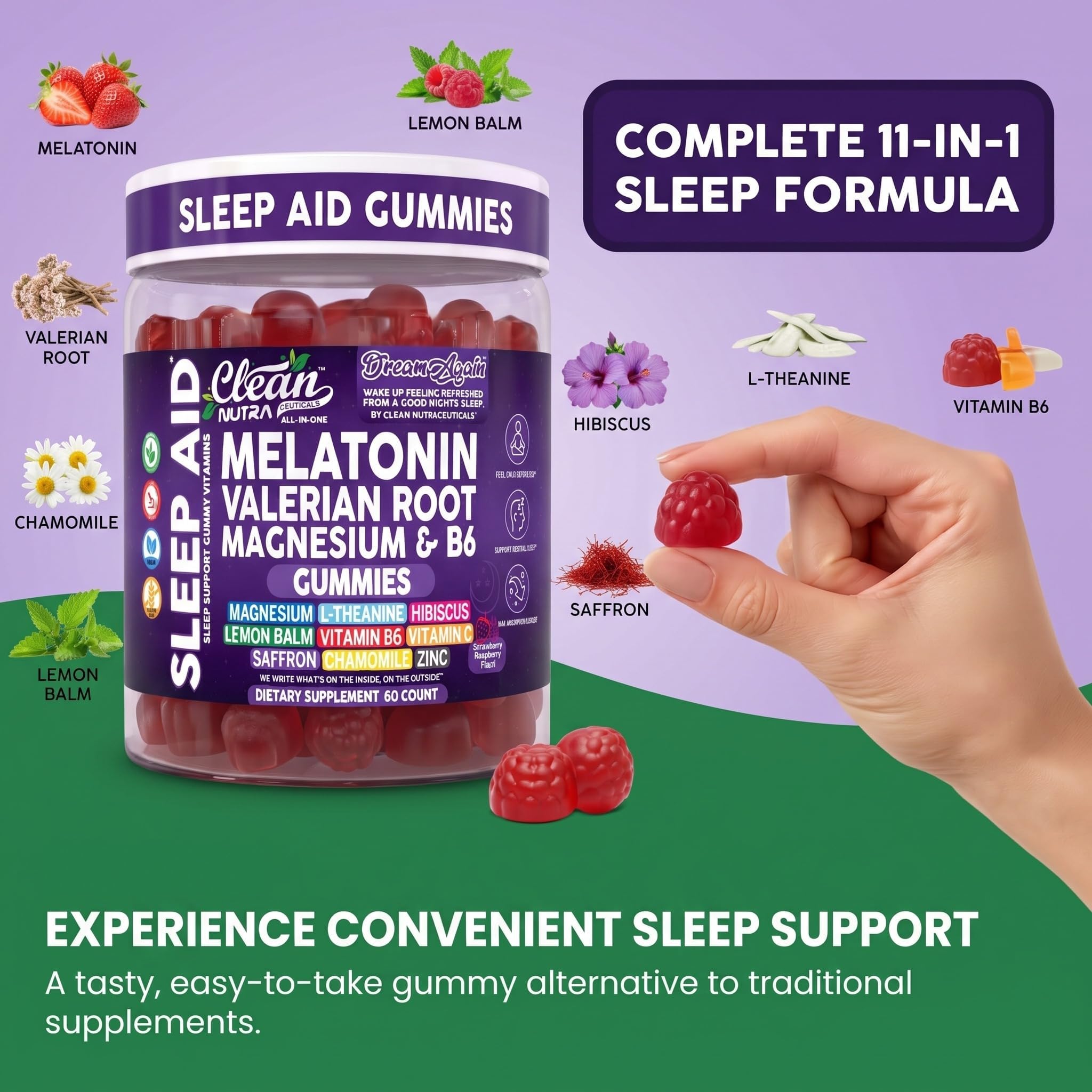 Clean Nutra Melatonin Gummies 10mg | Sleep Aid Valerian Root L-Theanine Vitamin B6 C Lemon Balm Magnesium Hibiscus Beta Carotene Saffron & Chamomile Rest Support Supplement Raspberry Flavor — Amazon image 4