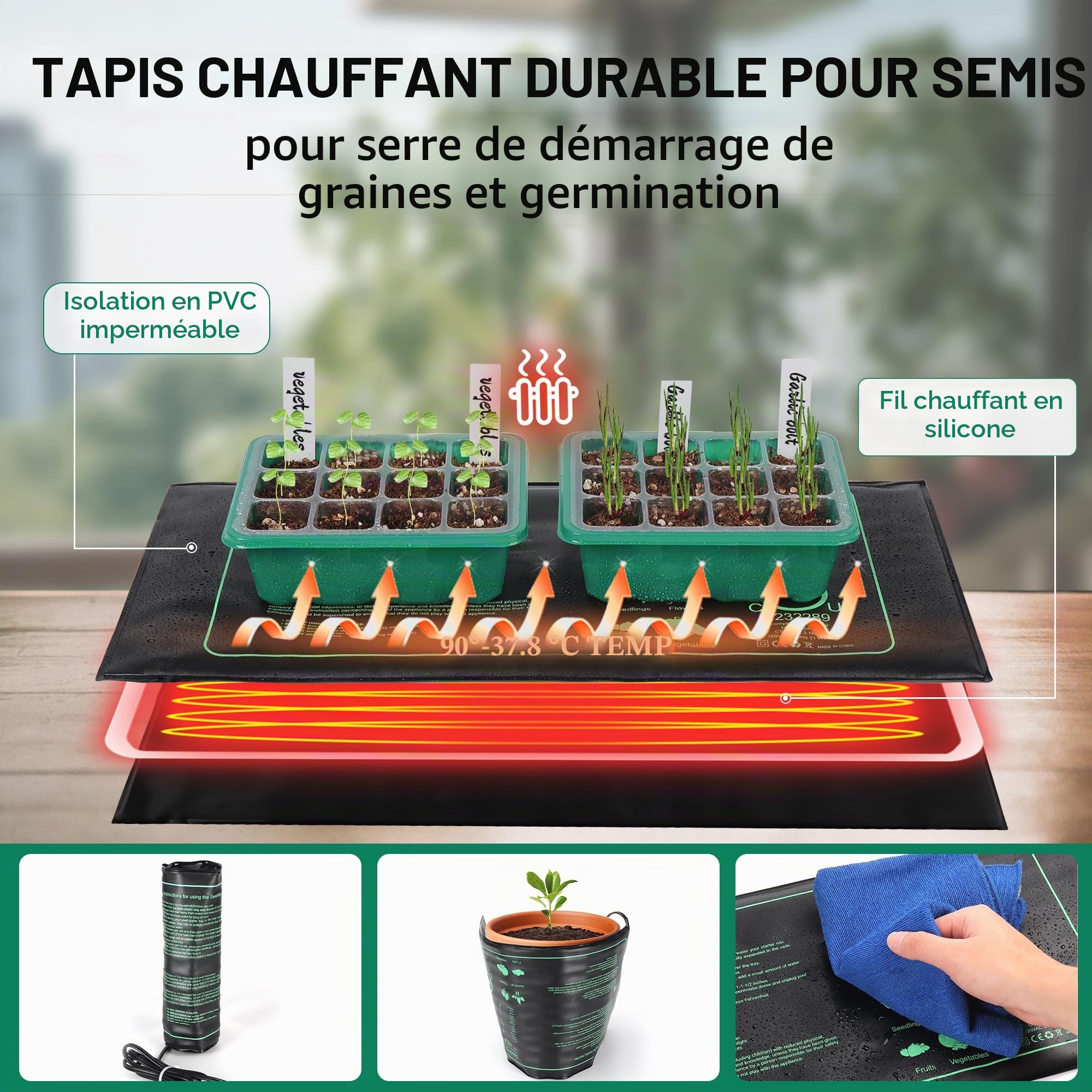 Lot de 4 plateaux de démarrage de semis avec lampe de croissance et tapis chauffant, kit de démarrage de 48 cellules avec dôme d’humidité réglable et base, kit de germination pour la culture