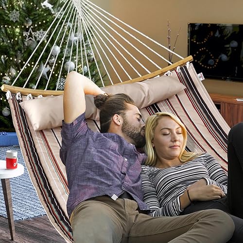 Miniatura 6 de Hamaca doble, hamaca de tela acolchada de 11 pies para 2 personas para exteriores con almohada, barra separadora curvada plegable, cadenas, bolsa de