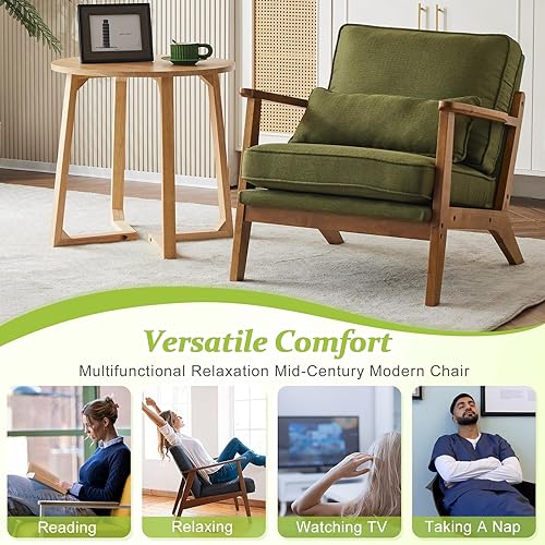 Miniatura 7 de VINGLI Silla decorativa de madera maciza con reposabrazos anchos, silla moderna tapizada de mediados de siglo con almohada, cómoda silla de lectura