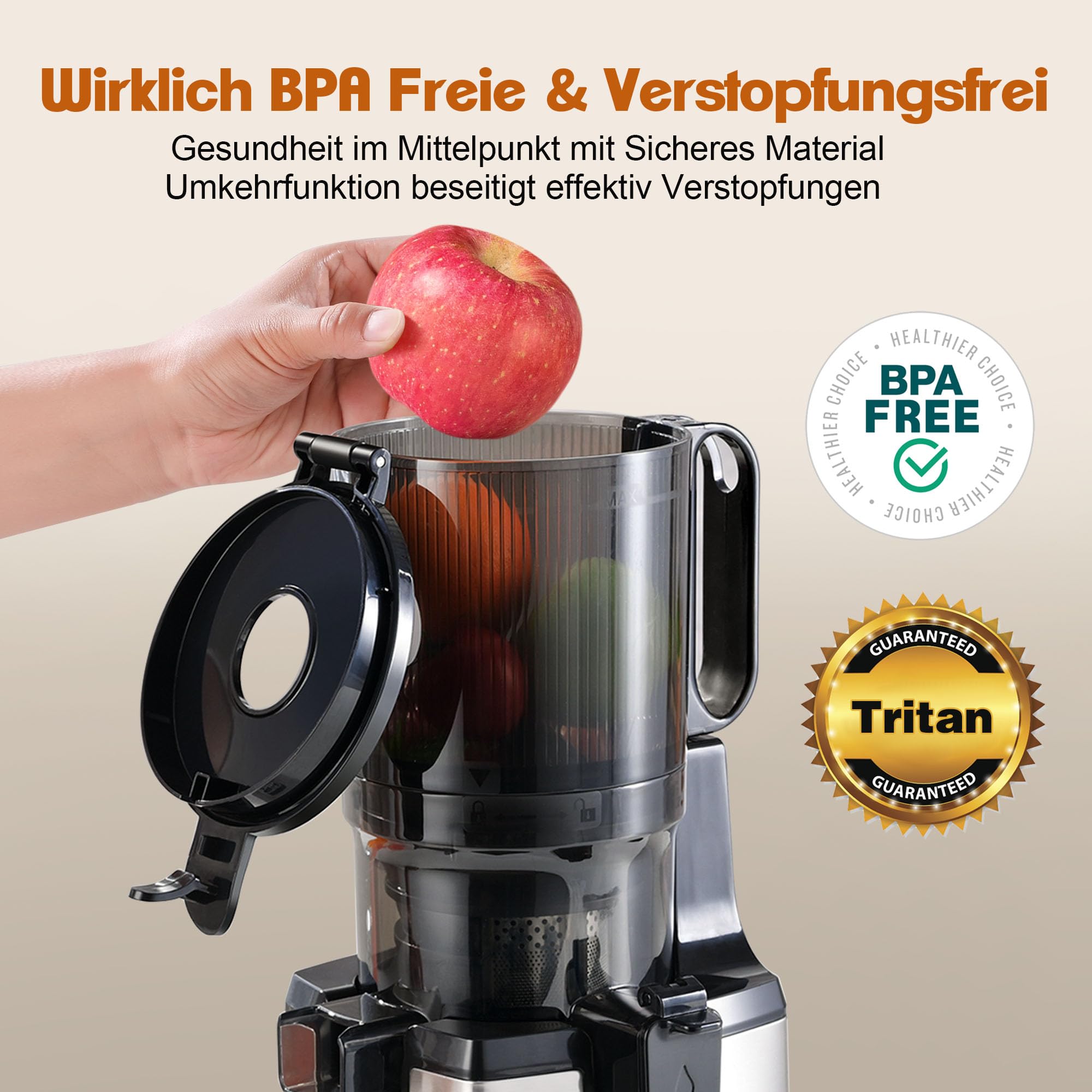 Fretta Entsafter Slow Juicer Machine, Entsafter Gemüse und Obst Testsieger | BPA Frei, 250W, Edelstahl, 135mm Öffnung, Ganze Früchte, Leicht zu Reinigen, Leiser, Umkehrfunktion, Hohe Saftausbeute