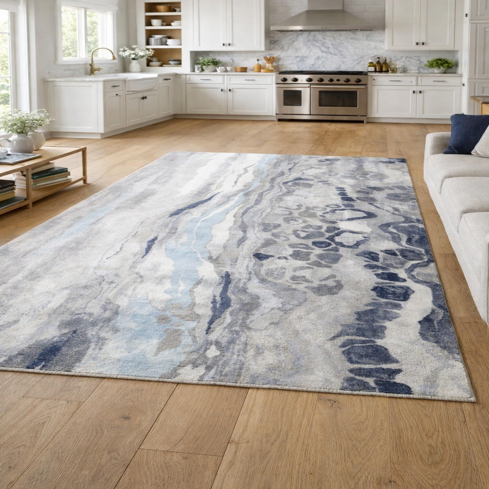 Tapis de salon abstrait blanc gris et bleu marine 120 x 185 cm