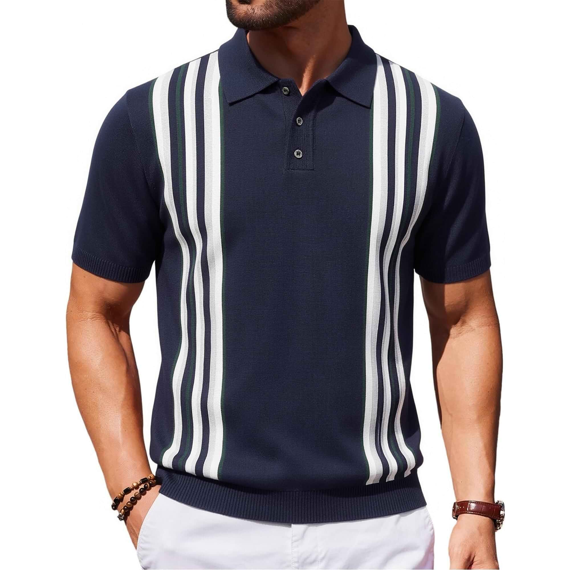 Esabel.C Mens Knit Polo Shirts Short Sleeve Vintage Striped Shirt Old Money Style&Contrast Collar,Regular Fit&Machine Washable, Ideal for Daily Casual, Vacation&Party