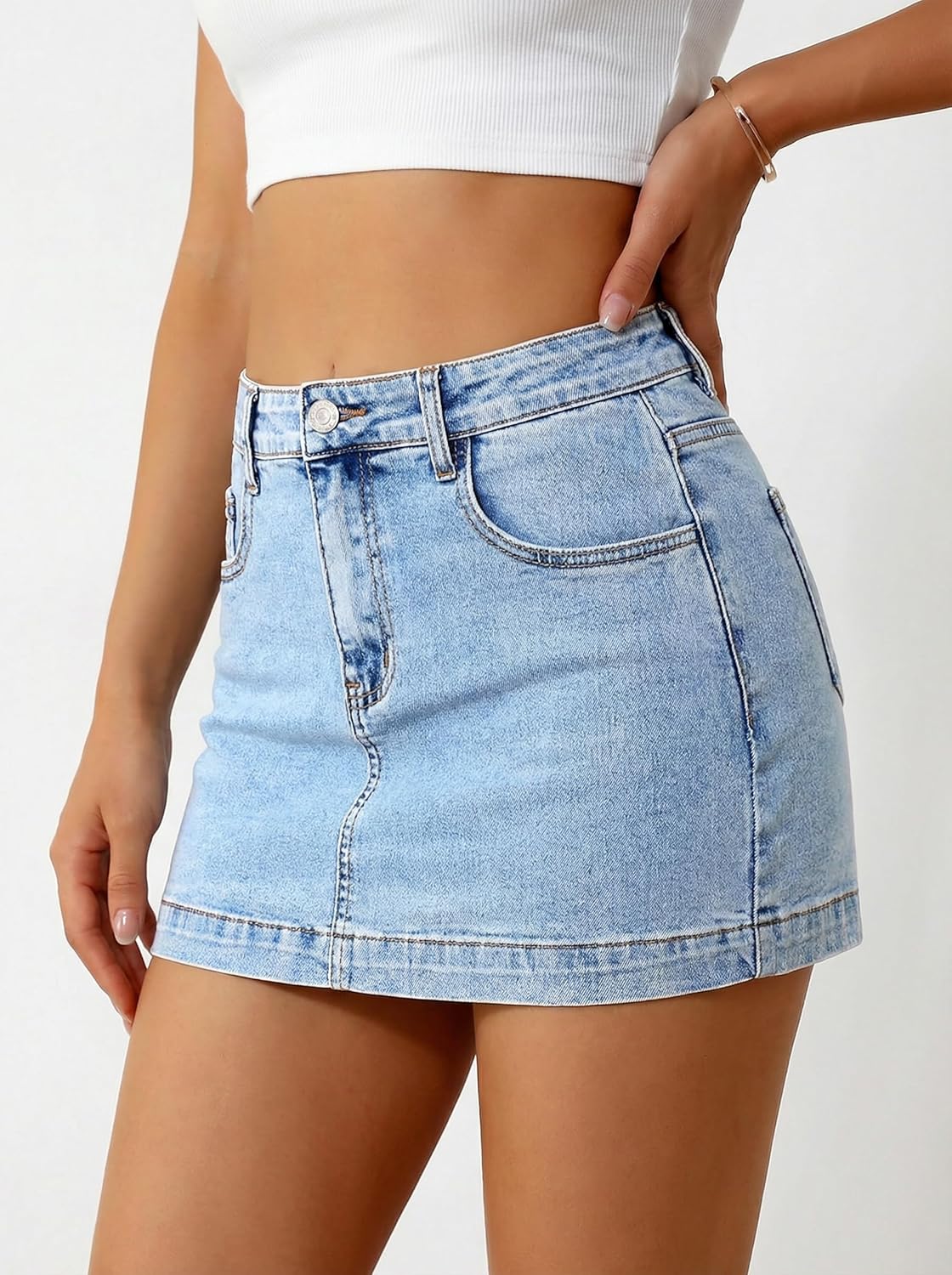 BISUAL Denim Mini Skirt High Waisted Jean Skirts for Women Denim Stretch Denim Skirt with Shorts Underneath Casual Jean Skort