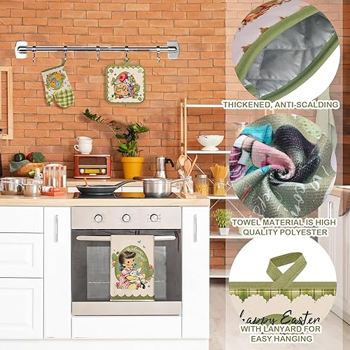 Miniatura 3 de VitalCozy Juego de 8 toallas de cocina de Pascua, guantes de horno y soporte para ollas, toallas de cocina de Pascua, toalla de cocina retro con